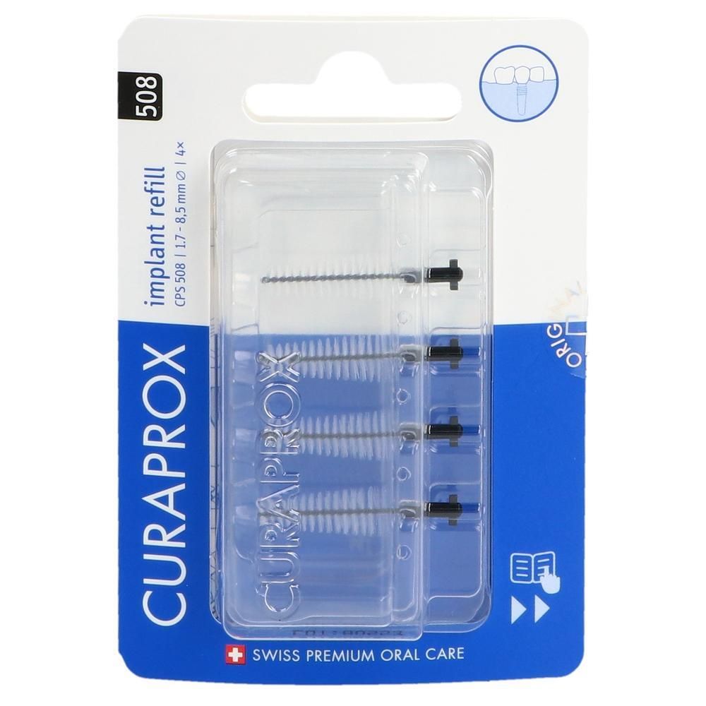 Zahnzwischenraumbürsten-Nachfüllpackung. Kunststoffverpackung mit 4 Bürsten. Marke CURAPROX, blaue Verpackung.