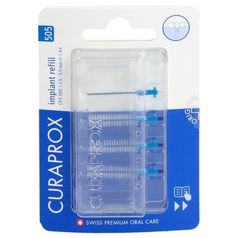 Emballage de recharges pour brosses interdentaires Curaprox. Têtes de brosse bleues en plastique transparent. Swiss Premium Oral Care.