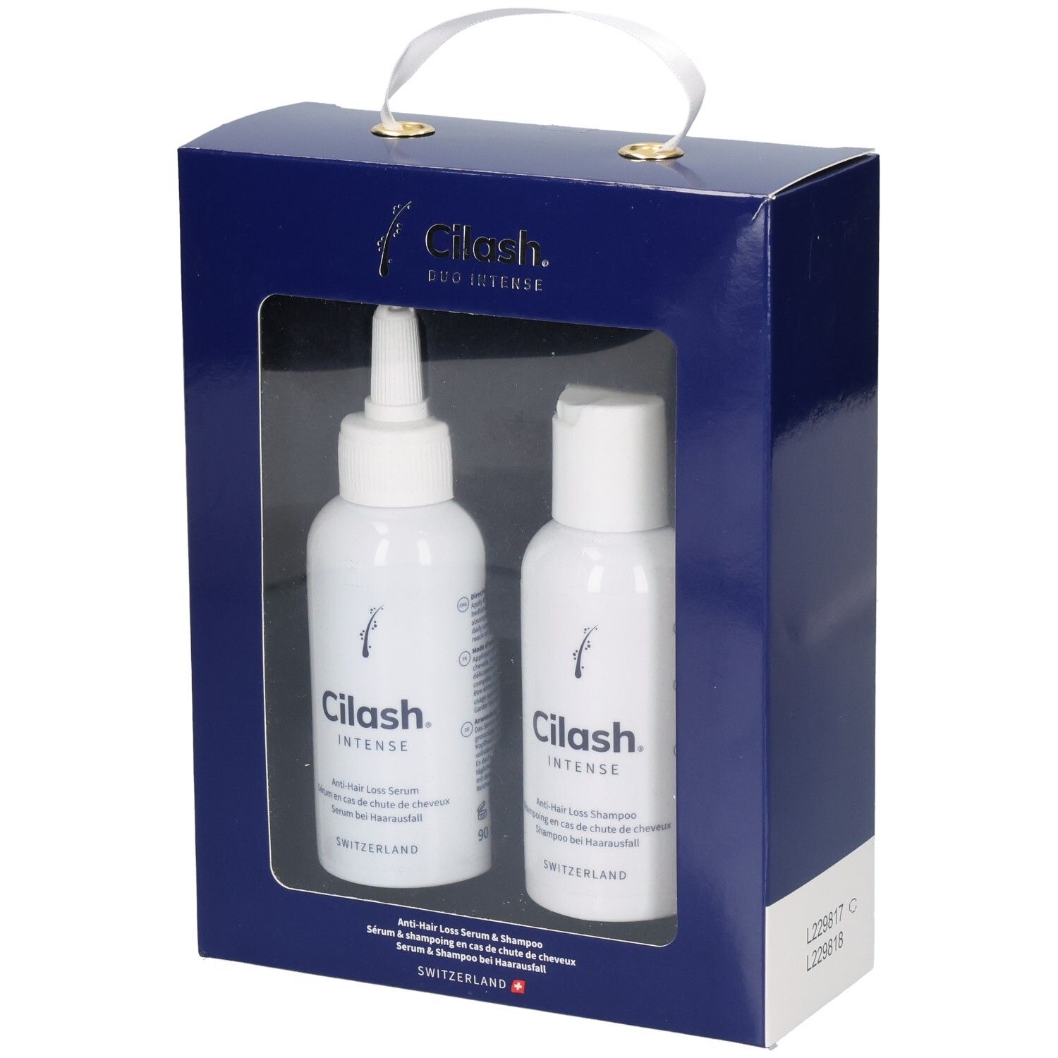 Cilash Duo Intense Set: Anti-Haarausfall Serum und Shampoo in dunkelblauer Geschenkbox mit Sichtfenster.