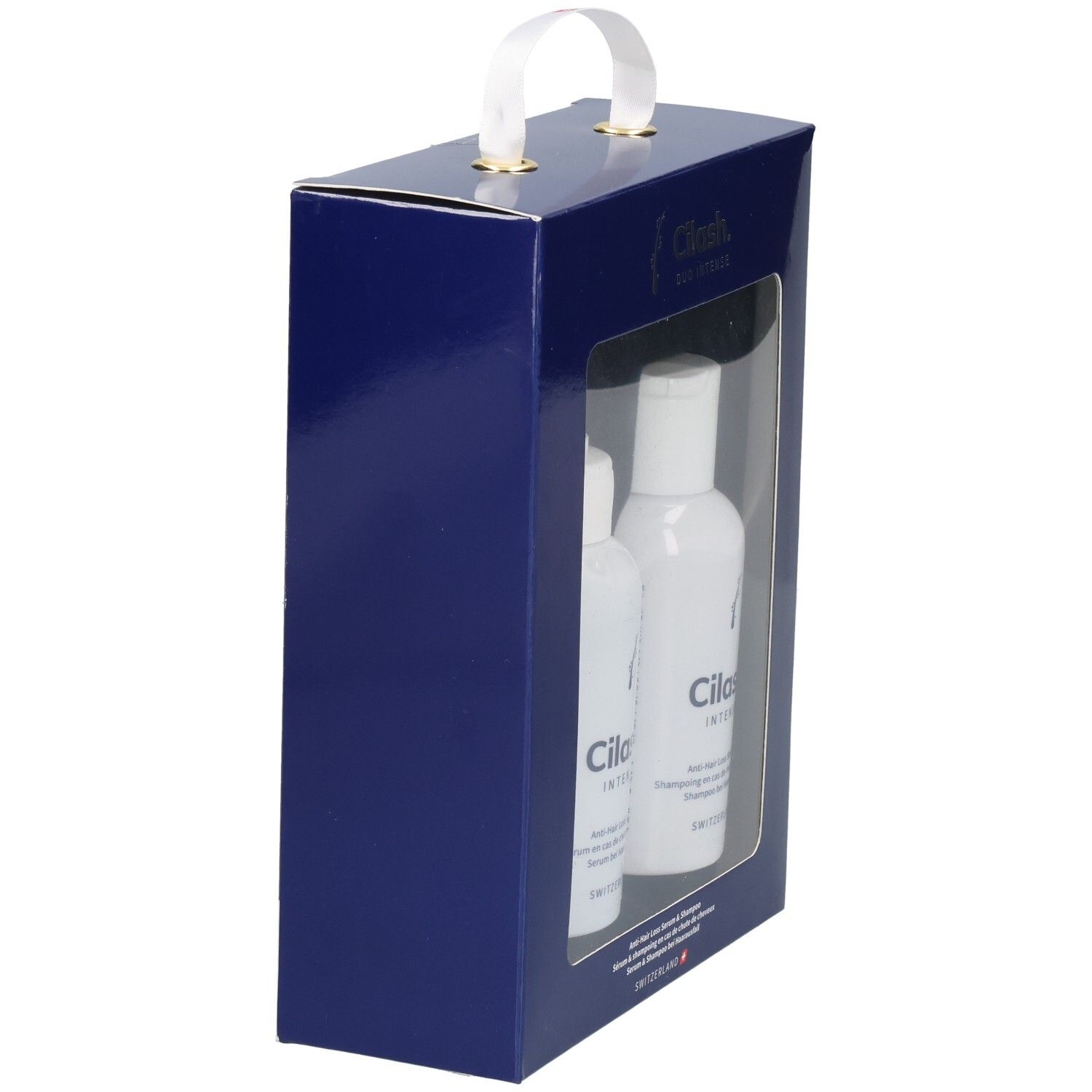 Cilash Duo Intense Set, Seitenansicht der dunkelblauen Geschenkbox mit Henkel und Sichtfenster.