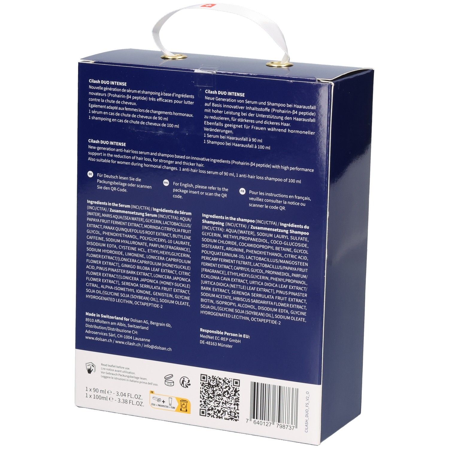 Rückseite der Cilash Duo Intense Geschenkbox mit Produktinformationen und Inhaltsstoffen auf Deutsch und Englisch.
