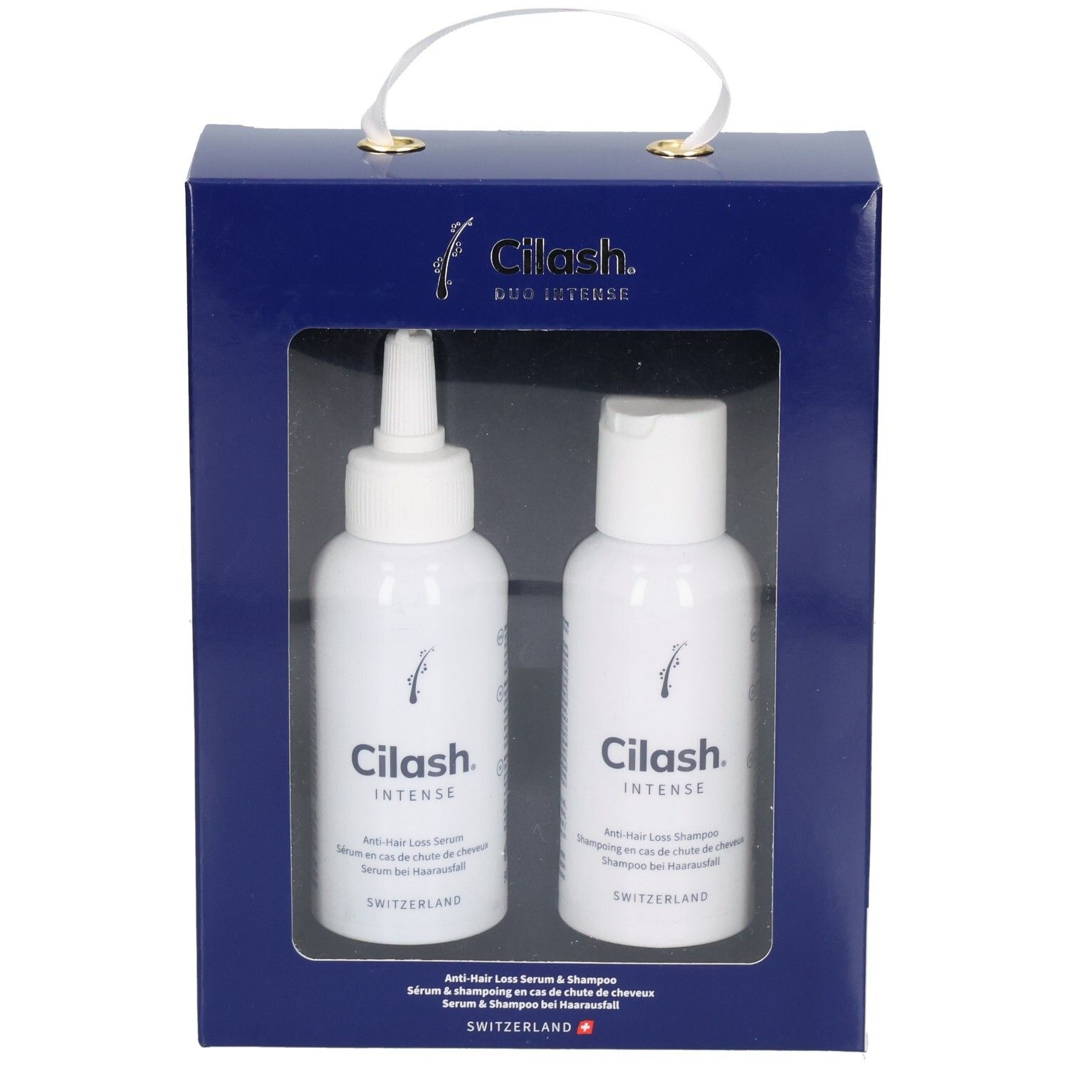 Cilash Duo Intense Set: Anti-Haarausfall Serum und Shampoo in dunkelblauer Geschenkbox mit Sichtfenster.
