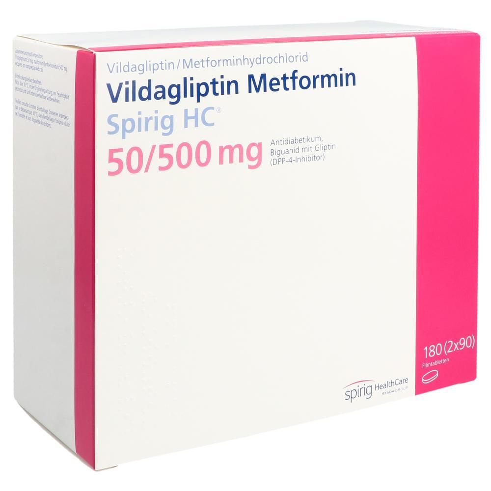 Weißer Karton mit rosa Akzenten. Beschriftung: Vildagliptin Metformin Spirig HC 50/500 mg. 180 Tabletten.