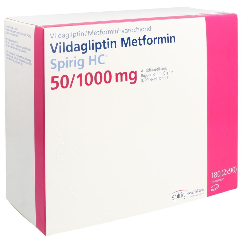 Weißer Karton mit rosa Akzenten. Aufschrift: Vildagliptin Metformin Spirig HC 50/1000 mg. Enthält 180 Tabletten. Sping HealthCare Logo.