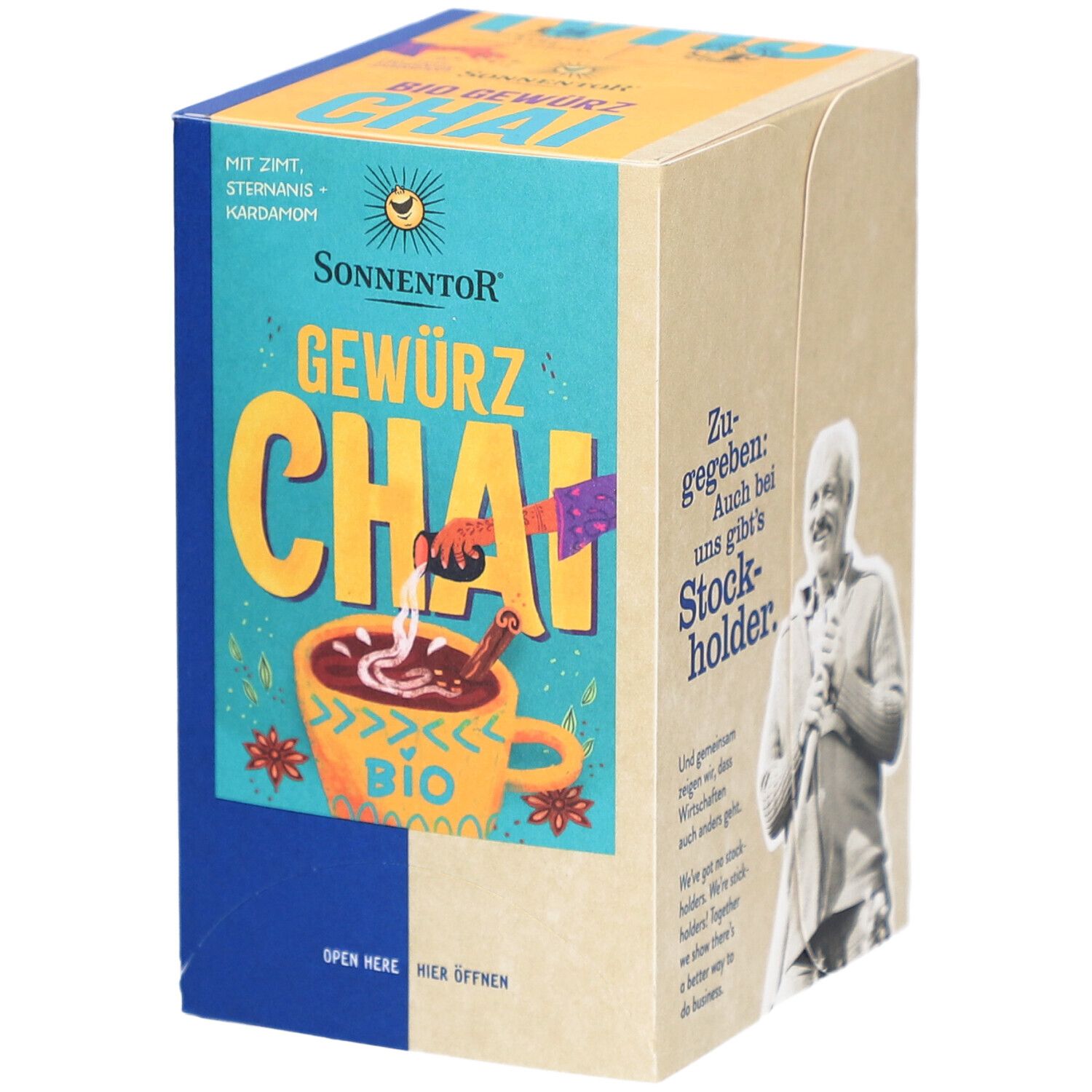 Boîte SONNENTOR® Chai Gewürz Bio. Nom du produit, tasse, ingrédients. Label bio. Emballage carré.
