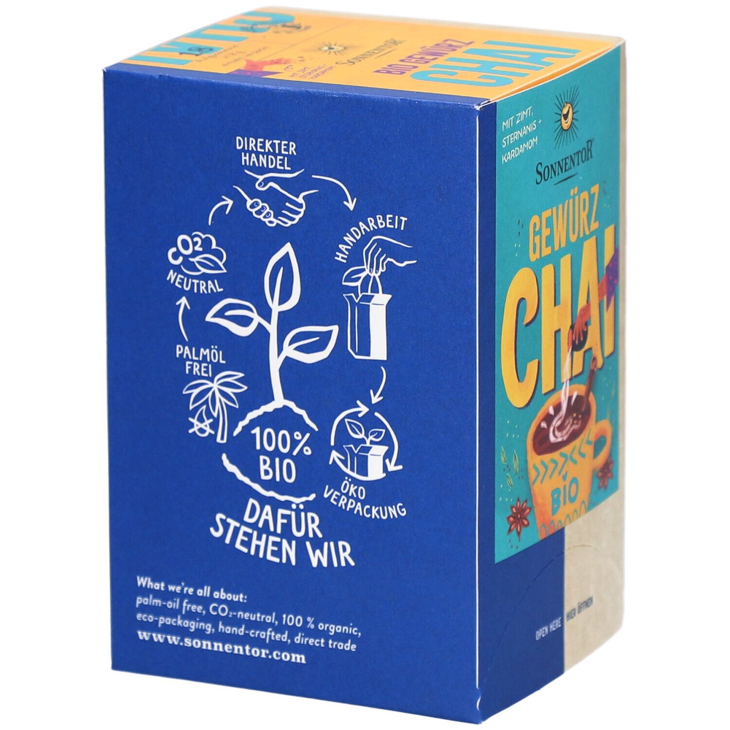 Côté bleu de l'emballage SONNENTOR® Chai Gewürz Bio. Logos commerce direct, artisanal, bio, etc. Texte : 100% bio.