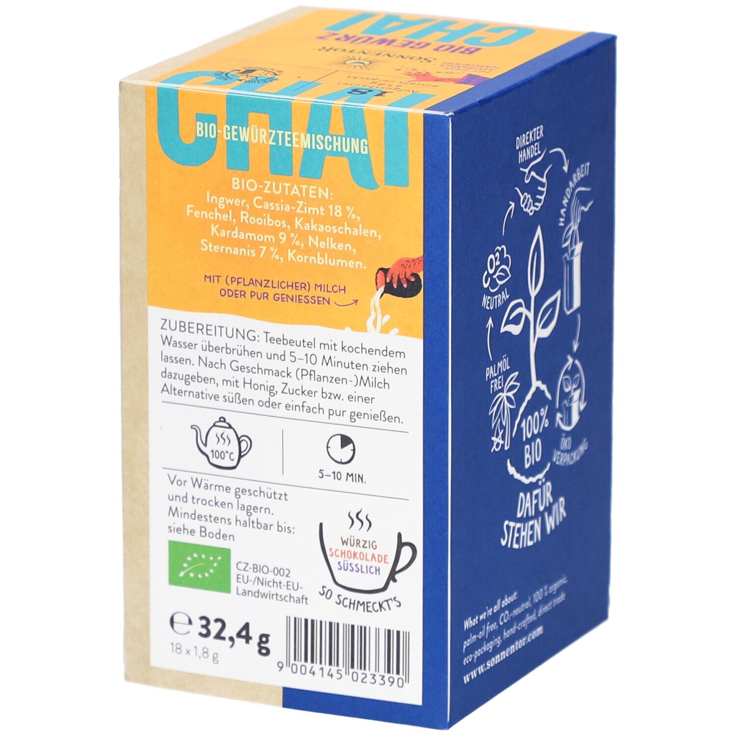 Emballage SONNENTOR® Chai Gewürz Bio. Liste des ingrédients, instructions de préparation, label bio. Poids : 32,4g. Carré.