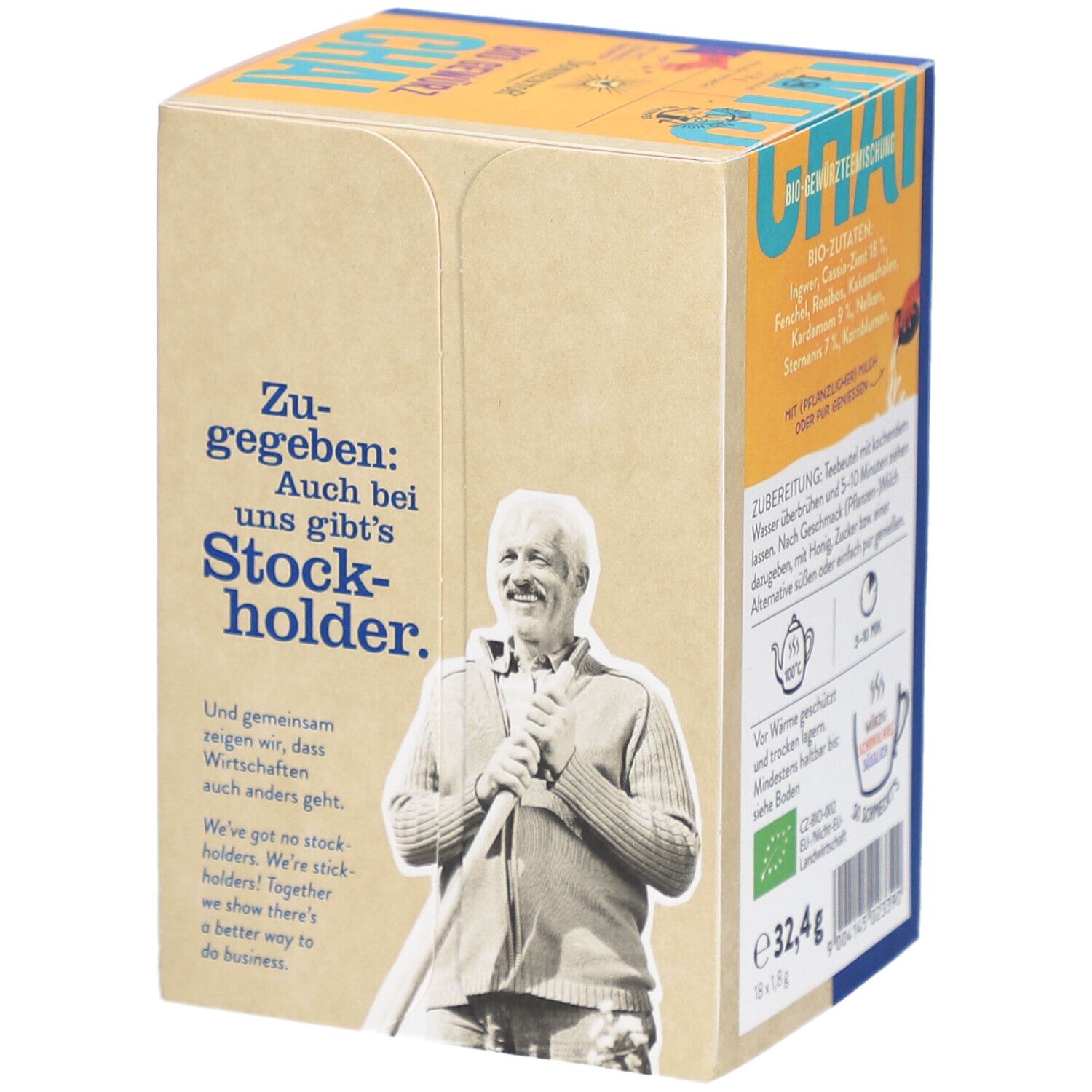 Emballage SONNENTOR® Chai Gewürz Bio. Dos avec texte et image d'une personne. Label bio. Emballage carré.