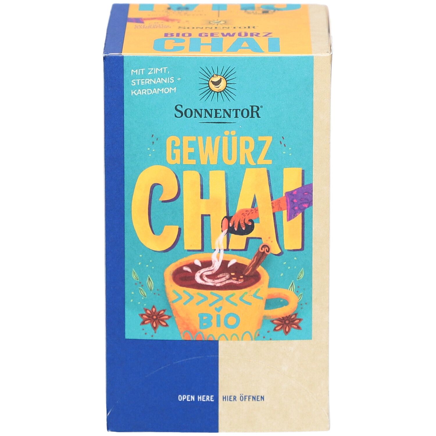 Emballage SONNENTOR® Chai Gewürz Bio. Face avant avec nom du produit, tasse, ingrédients. Label bio. Emballage carré.
