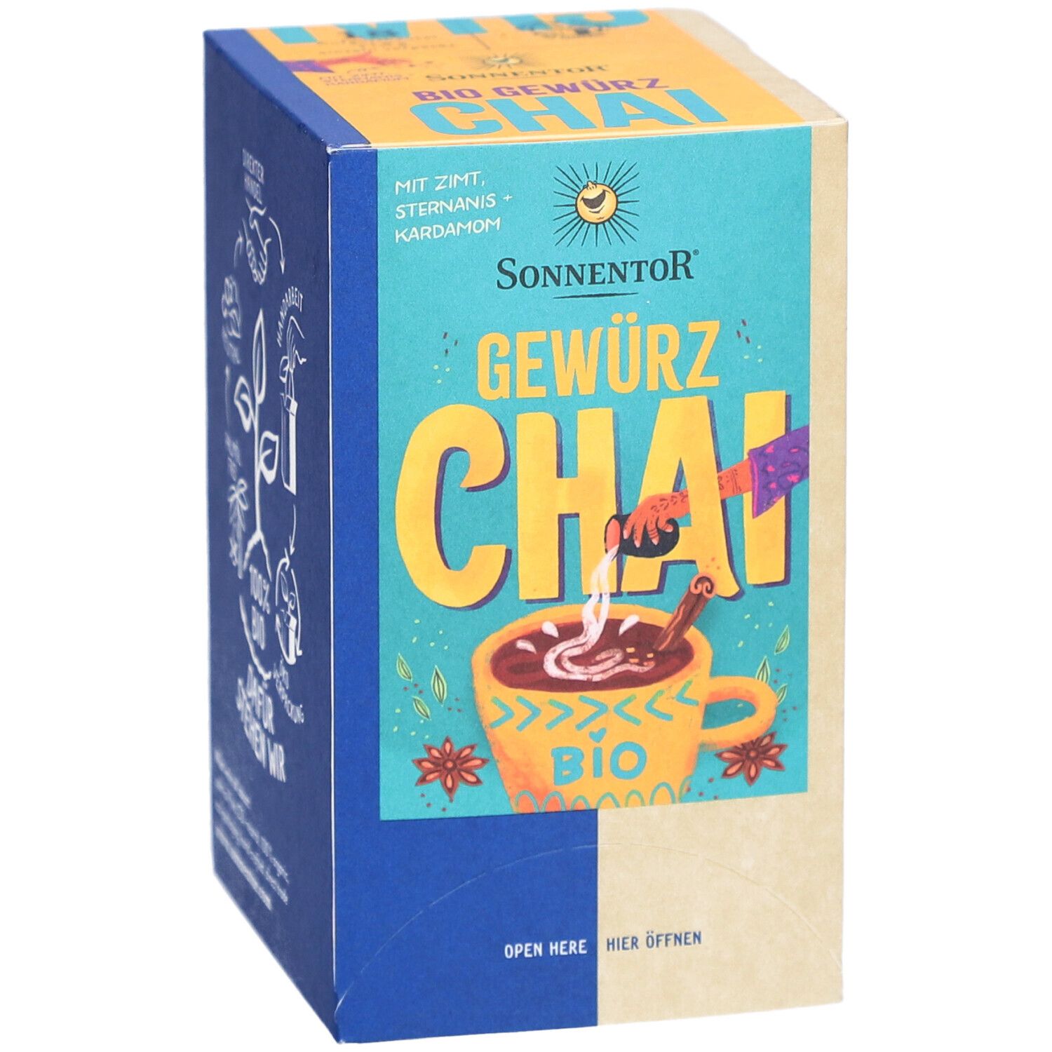 Emballage SONNENTOR® Chai Gewürz Bio. Face avant avec nom du produit, tasse, ingrédients. Label bio. Emballage carré.