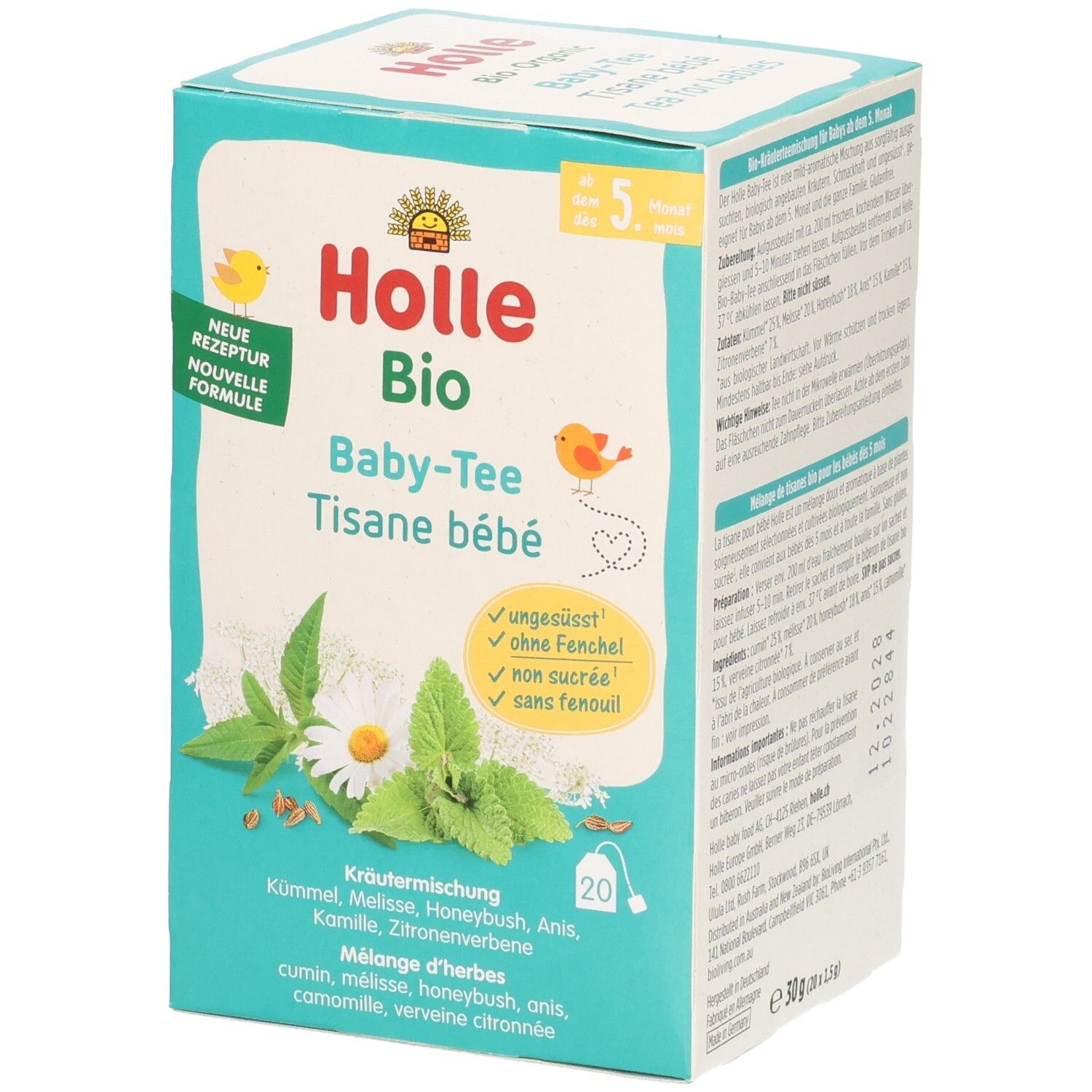 Holle Bio Baby-Tee Packung mit Kräutermischung, 20 Beutel. Ungesüsst, ohne Fenchel.