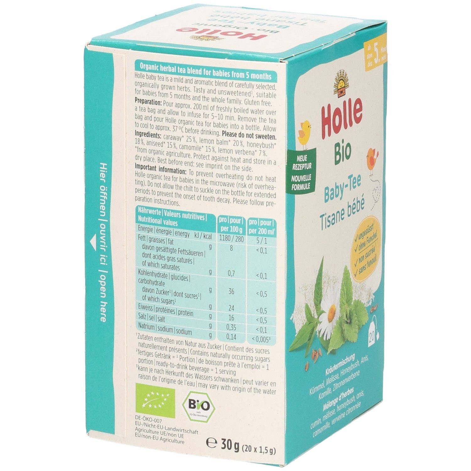 Rückseite Holle Bio Baby-Tee Packung mit Nährwertangaben und Bio-Siegel.