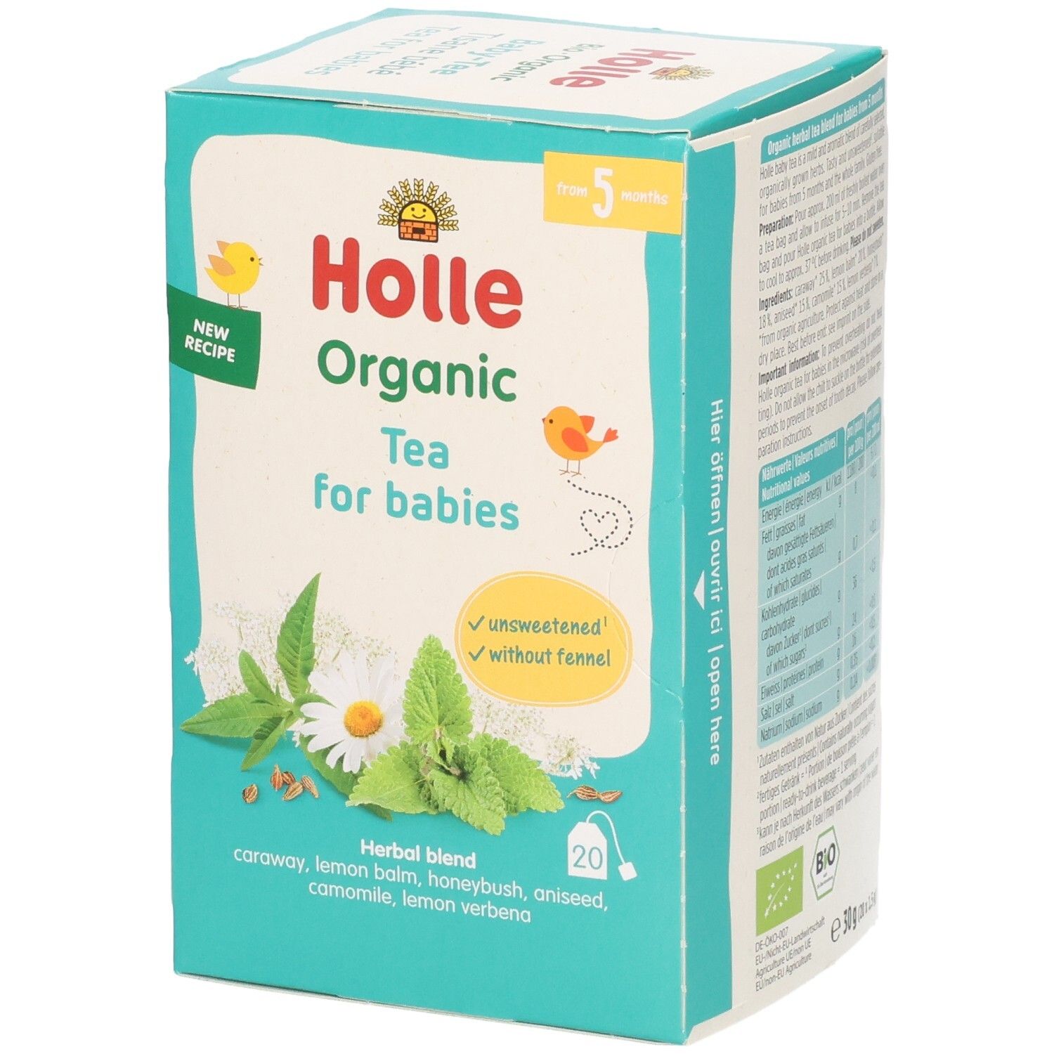 Holle Organic Baby Tea Packung mit Kräutermischung, 20 Beutel. Ungesüsst, ohne Fenchel.
