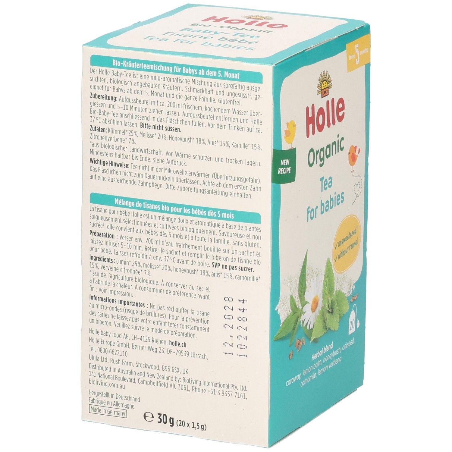 Seitenansicht Holle Organic Baby Tea Packung mit detaillierten Zutaten und Hinweisen.