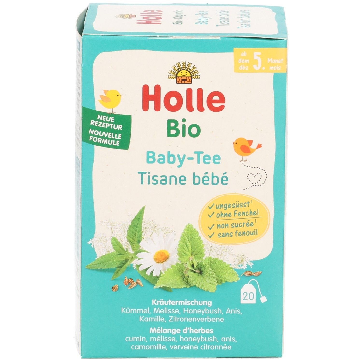 Holle Bio Baby-Tee Packung mit Kräutermischung, 20 Beutel. Ungesüsst, ohne Fenchel.