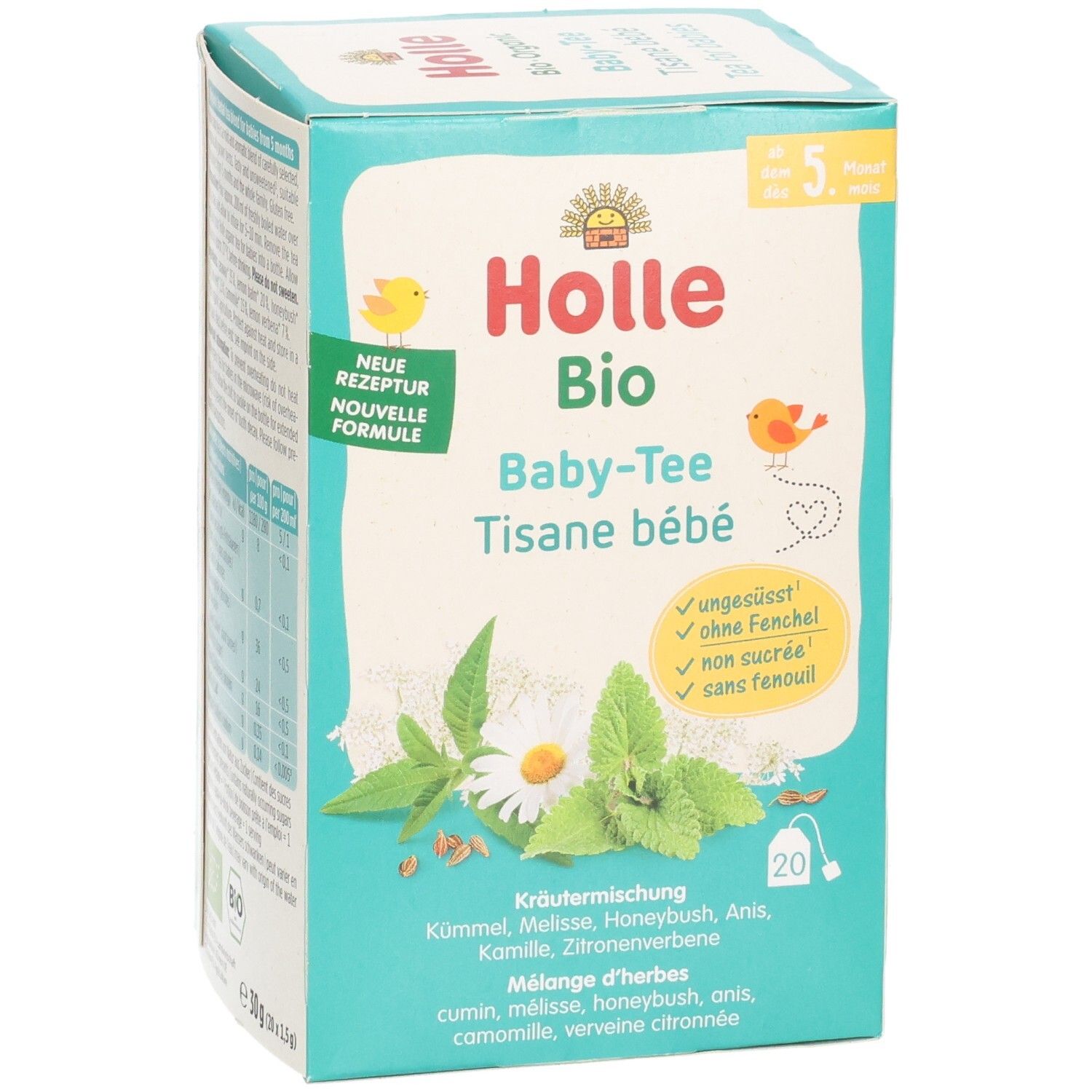 Holle Bio Baby-Tee Packung mit Kräutermischung, 20 Beutel. Ungesüsst, ohne Fenchel.