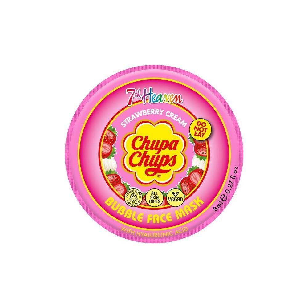 7th Heaven Bubble Mask mit Erdbeer-Creme-Duft, runde Verpackung mit Erdbeeren und Chupa Chups Logo.