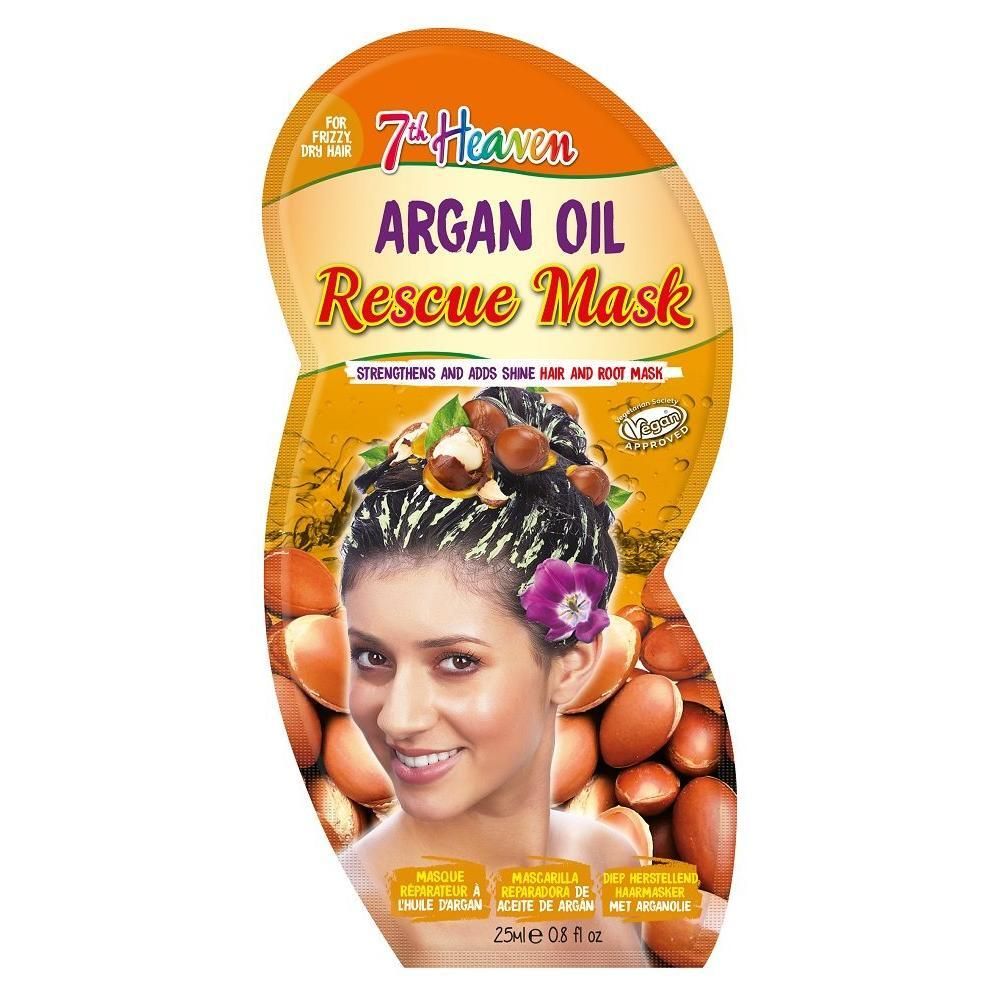 7th Heaven Argan Oil Rescue Mask Haarkur-Tüte mit Bild einer Frau und Arganfrüchten.