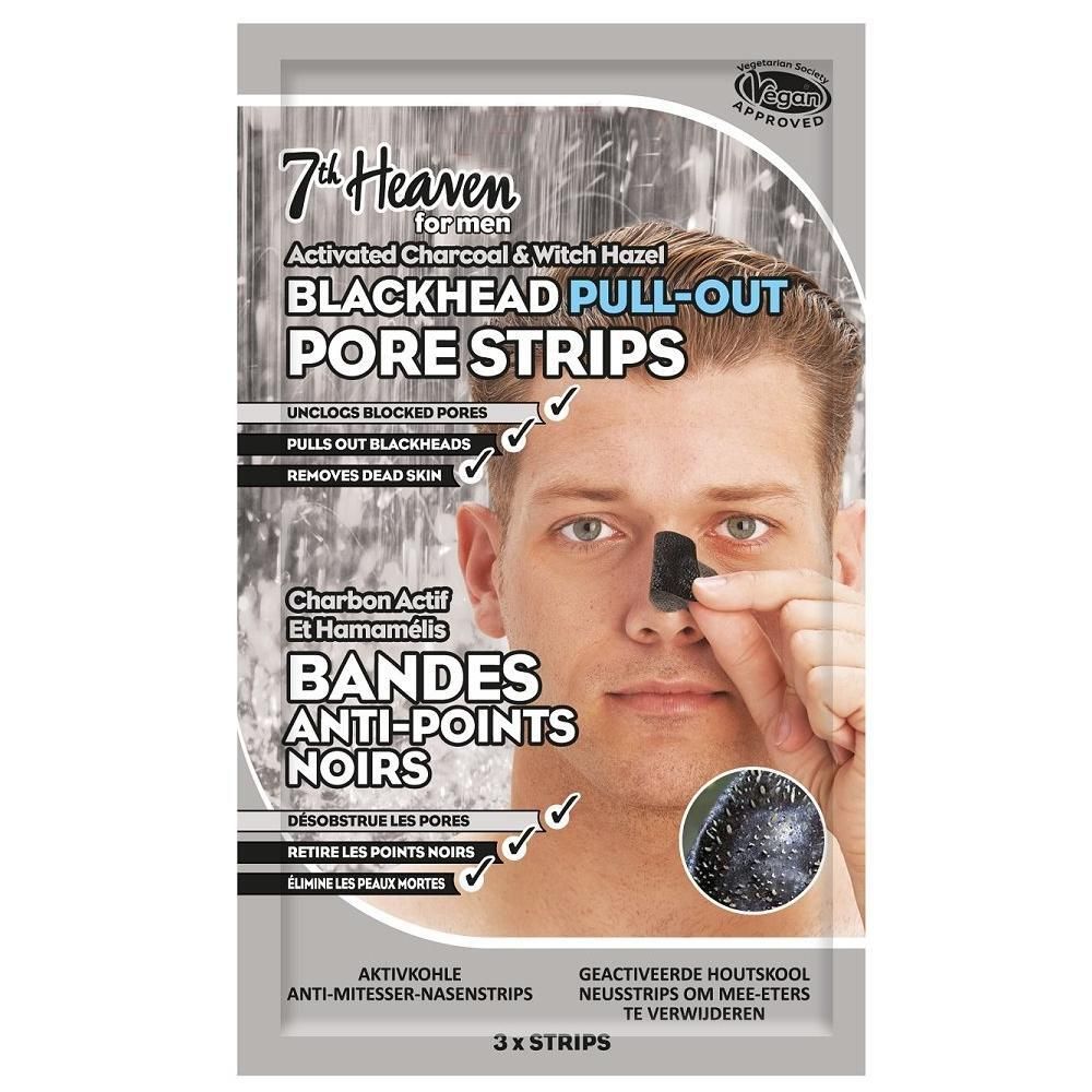 7th Heaven Blackhead Pull-Out Pore Strips für Männer mit Aktivkohle und Hamamelis. 3 Stück.