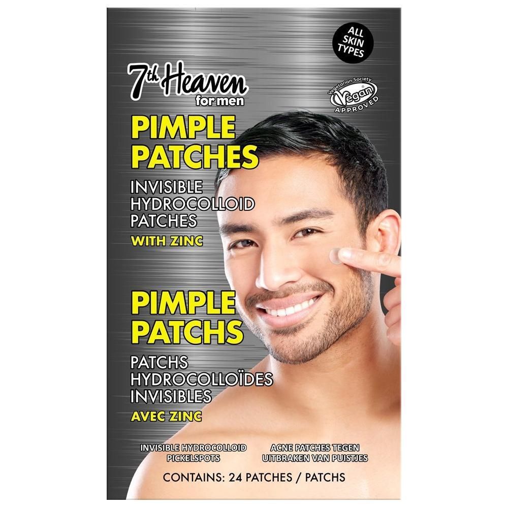 Verpackung von 7th Heaven Pimple Patches für Männer, 24 Stück. Enthält Zink.