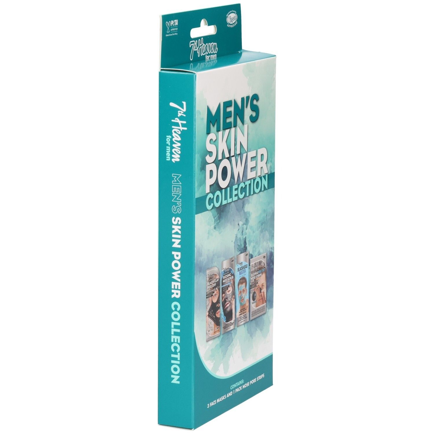 7th Heaven Men's Skin Power Collection Geschenkset, Seitenansicht. Enthält 3 Gesichtsmasken und 1 Packung Nasenstrips.