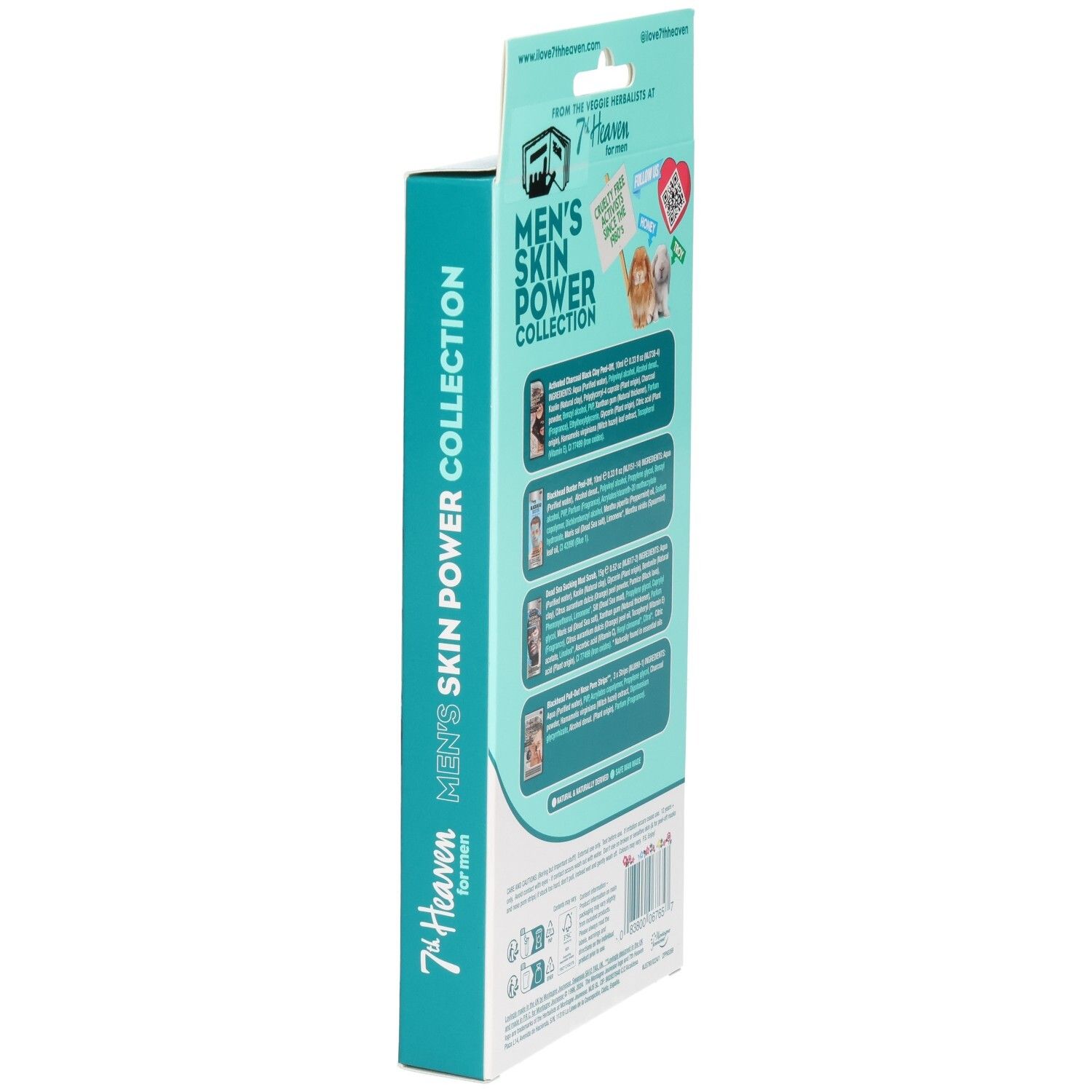 Seitenansicht der 7th Heaven Men's Skin Power Collection. Enthält 3 Gesichtsmasken und 1 Packung Nasenstrips.