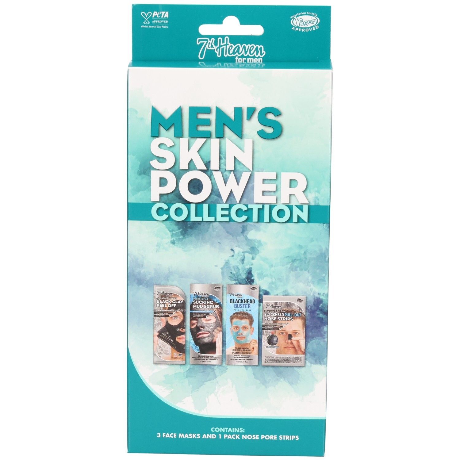 7th Heaven Men's Skin Power Collection Geschenkset. Enthält 3 Gesichtsmasken und 1 Packung Nasenstrips.