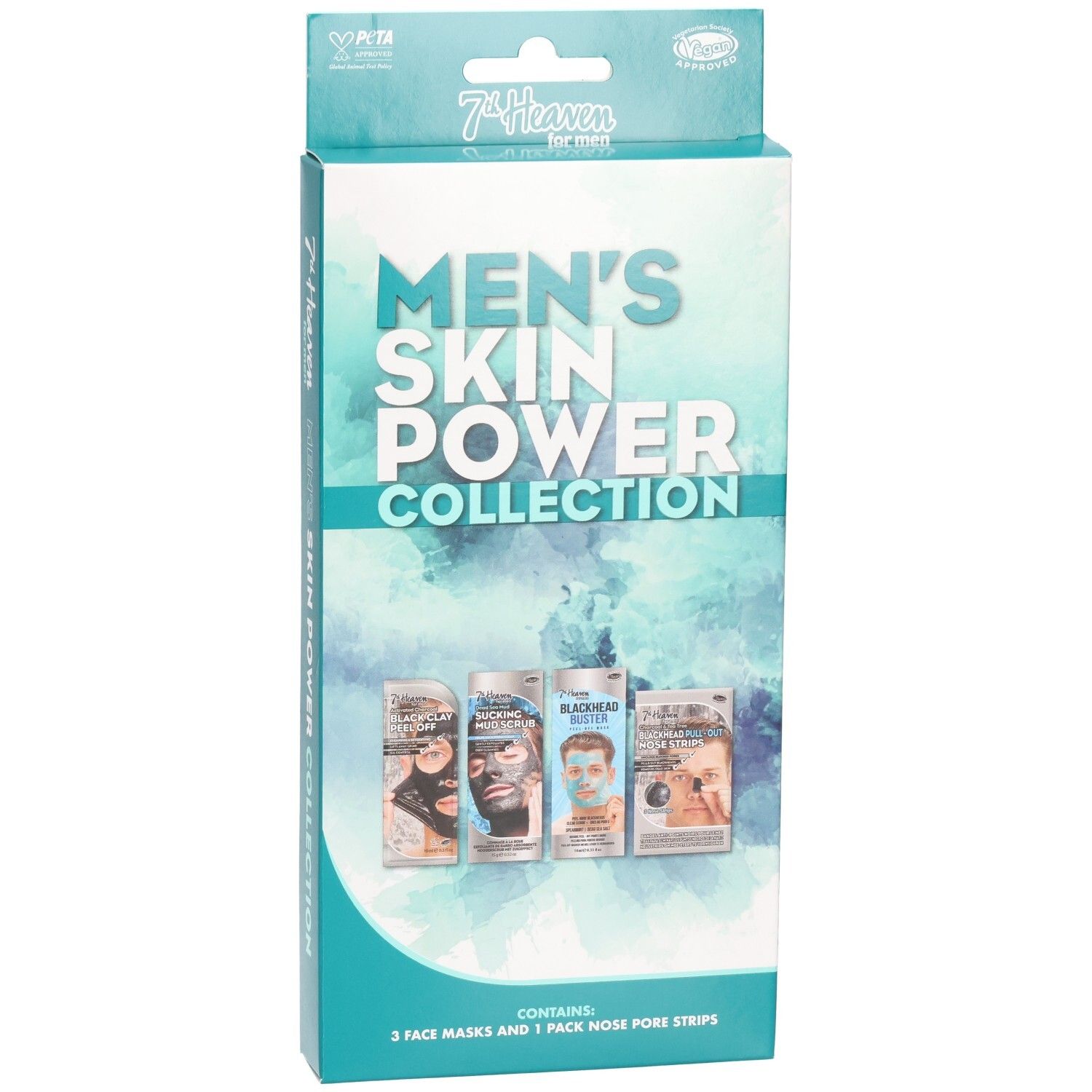 Vorderseite der 7th Heaven Men's Skin Power Collection. Enthält 3 Gesichtsmasken und 1 Packung Nasenstrips.