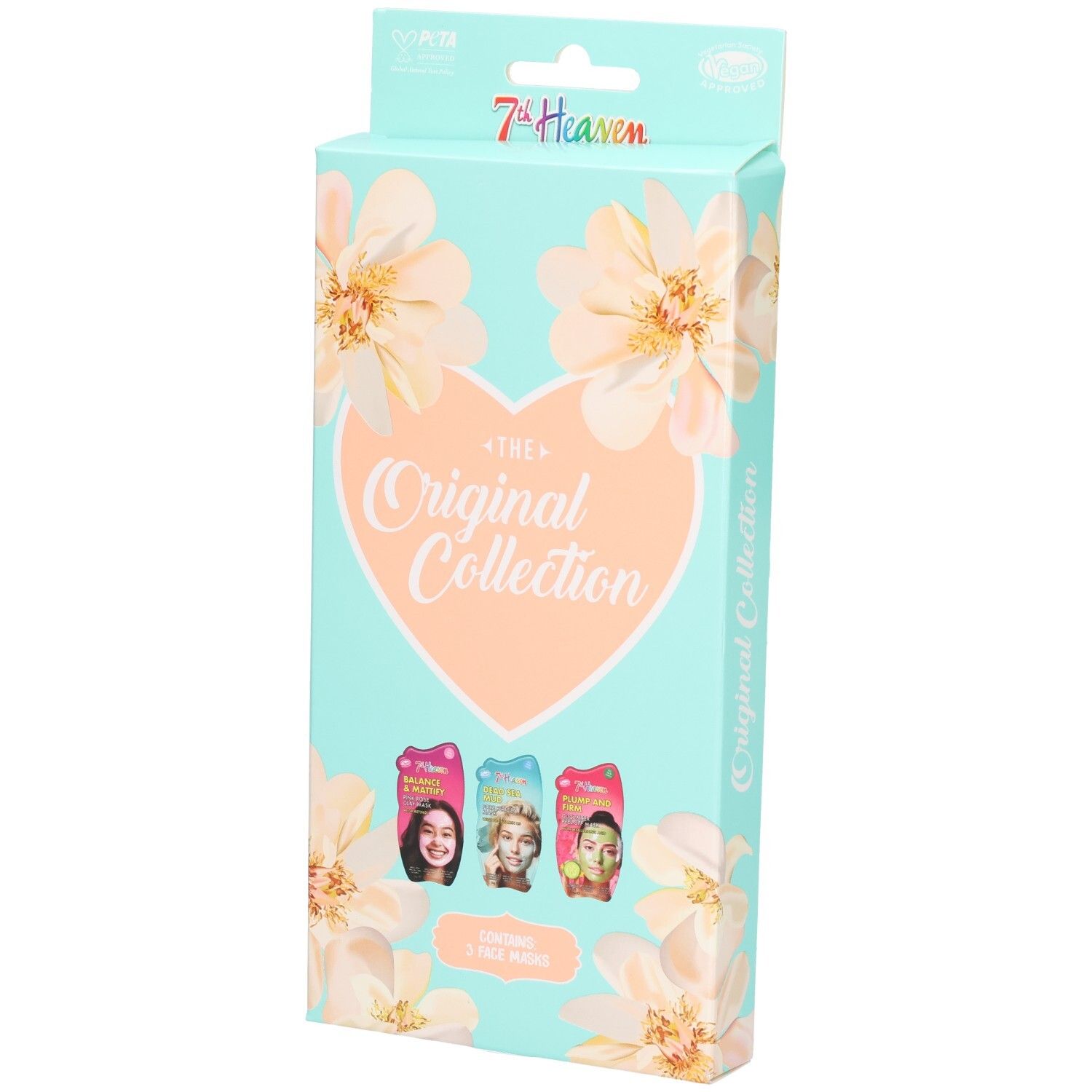 7TH HEAVEN Geschenkset Core Original Collection: Türkisfarbene Box mit Blumenmuster, Herz-Logo und drei Gesichtsmasken-Packungen.