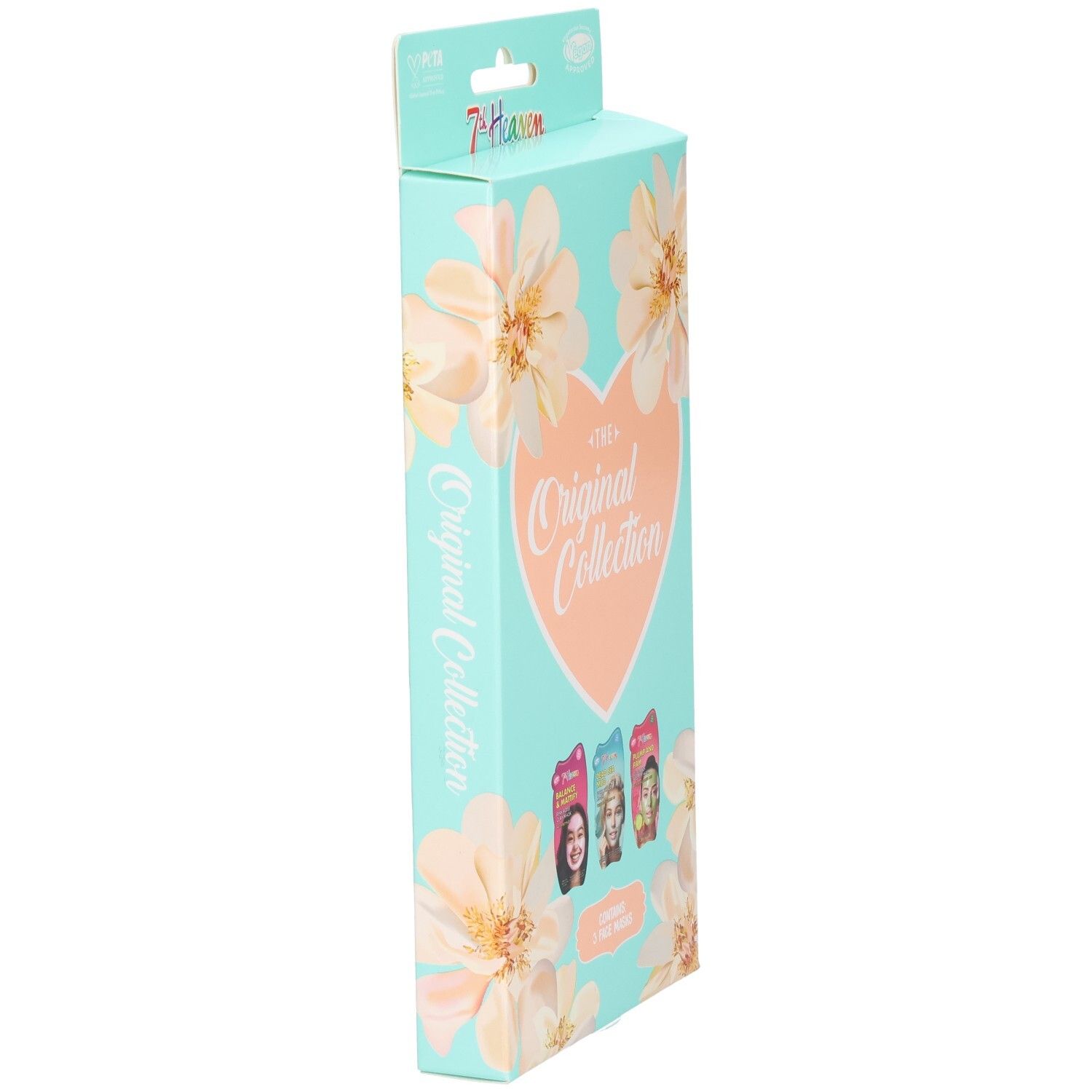 7TH HEAVEN Geschenkset Core Original Collection: Seitenansicht der türkisfarbenen Box mit Blumenmuster und drei Gesichtsmasken-Packungen.