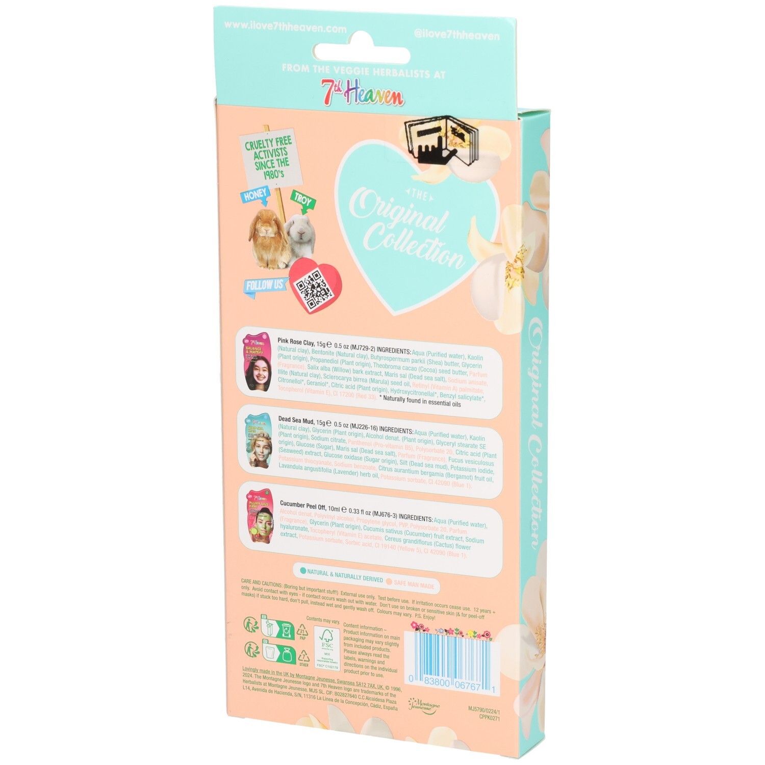 Rückseite der 7TH HEAVEN Geschenkbox: Informationen zu drei Gesichtsmasken, Inhaltsstoffen und Siegeln.