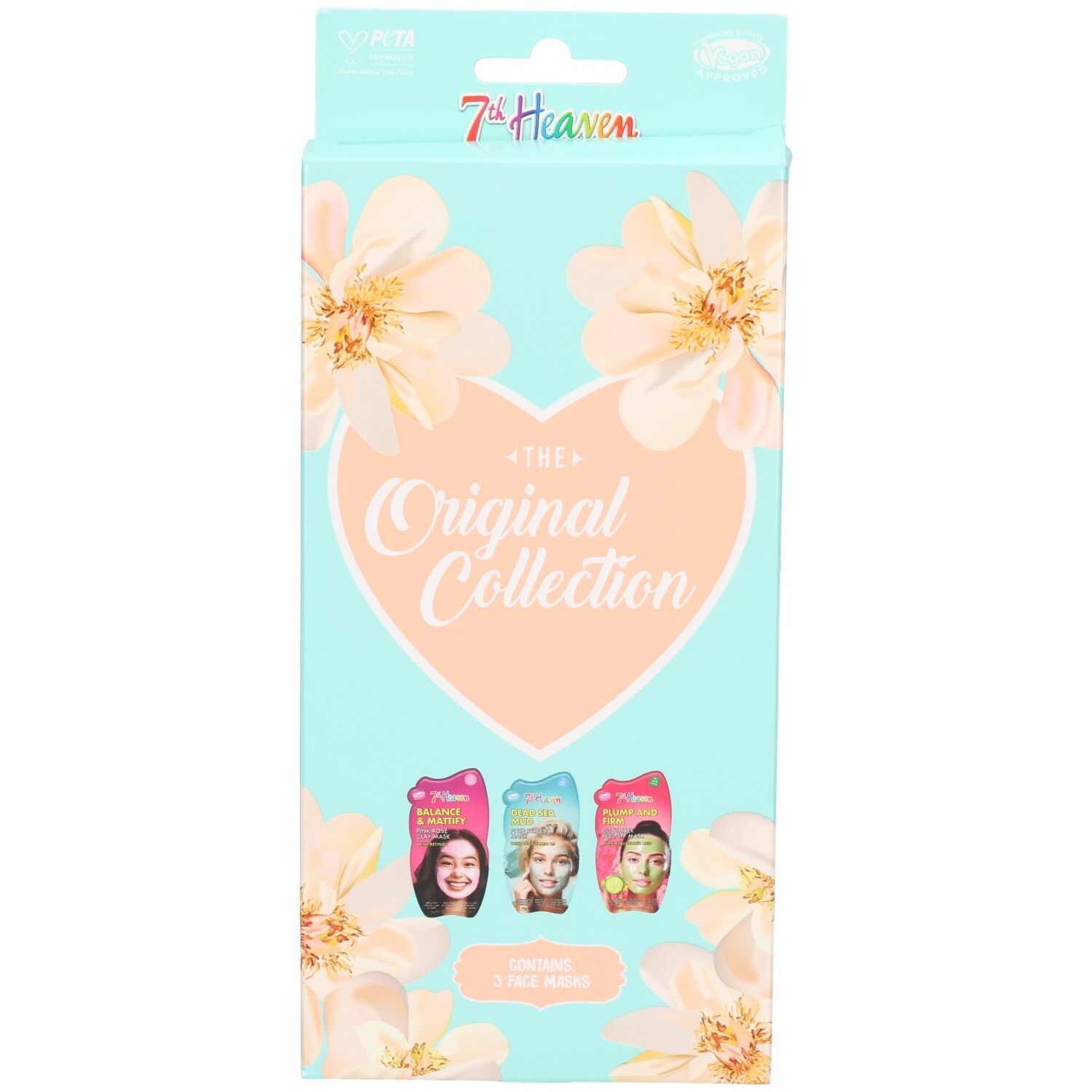 Vorderseite der 7TH HEAVEN Geschenkbox: Türkisfarbene Box mit Blumen, Herz-Logo und drei Gesichtsmasken-Packungen.