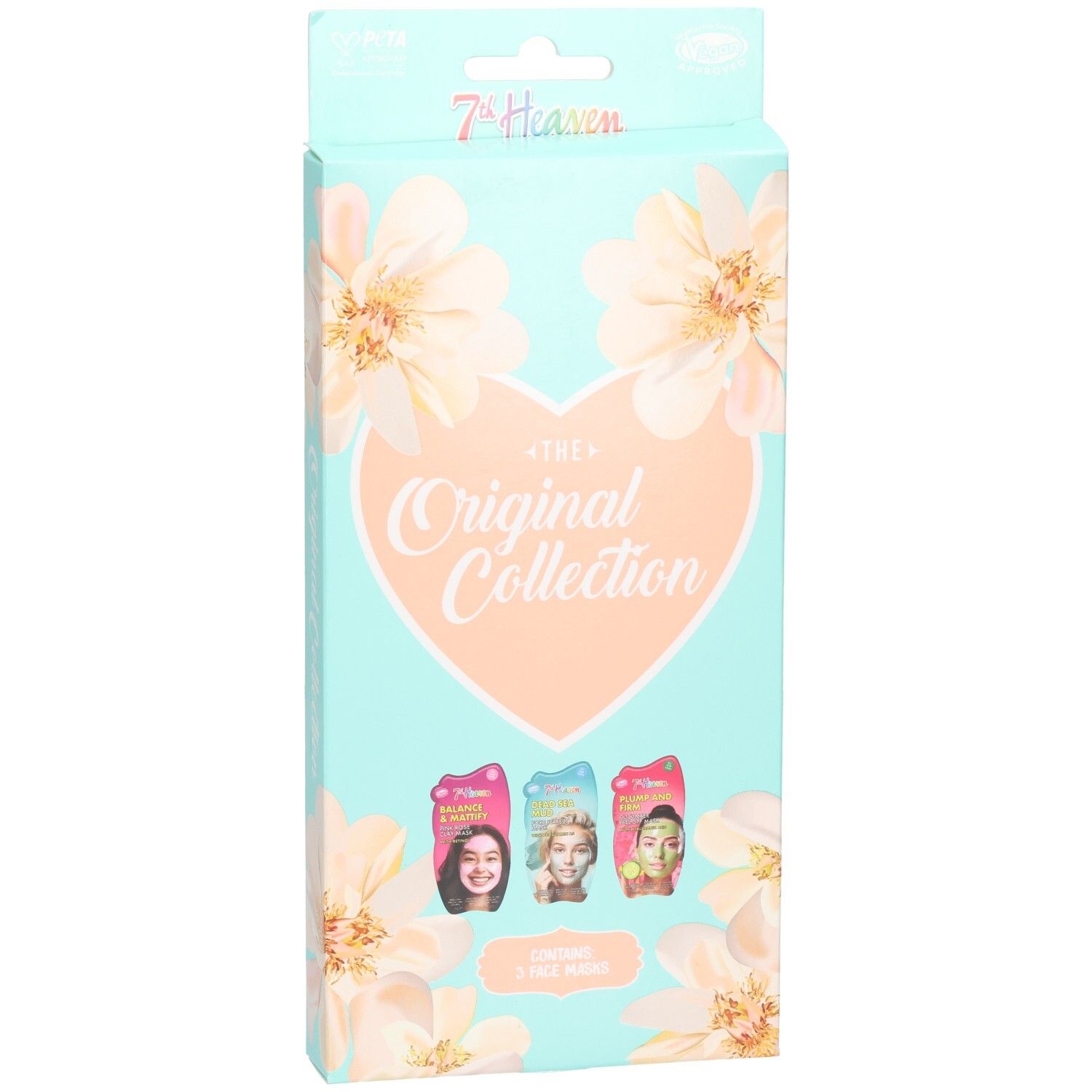 7TH HEAVEN Geschenkset Core Original Collection: Türkisfarbene Box mit Blumenmuster, Herz-Logo und drei Gesichtsmasken-Packungen.