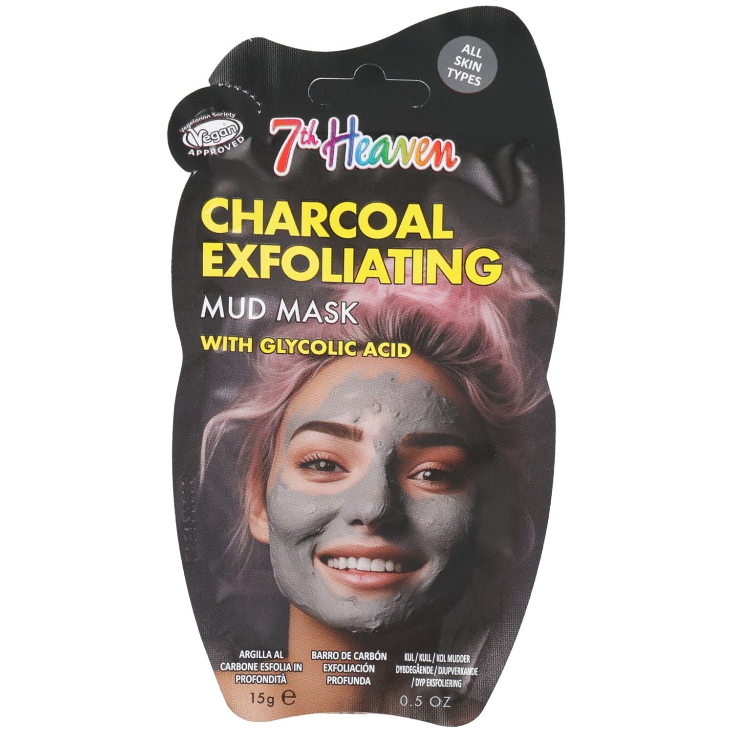 Verpackung für eine Gesichtsmaske mit Holzkohle, die eine Frau mit Gesichtsmaske zeigt.