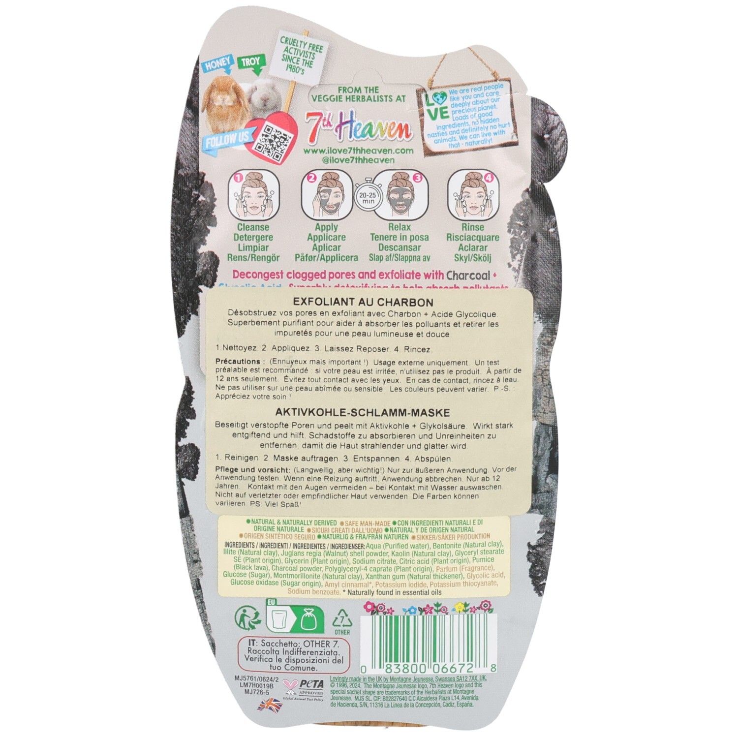 Rückseite der Verpackung für eine Gesichtsmaske mit Anwendungshinweisen und Produktinformationen.