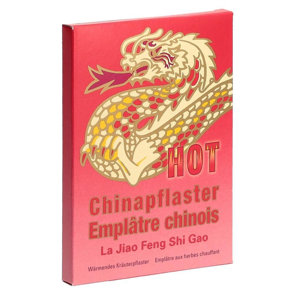 Rote Schachtel mit chinesischem Drachenmotiv und der Aufschrift "HOT Chinapflaster".