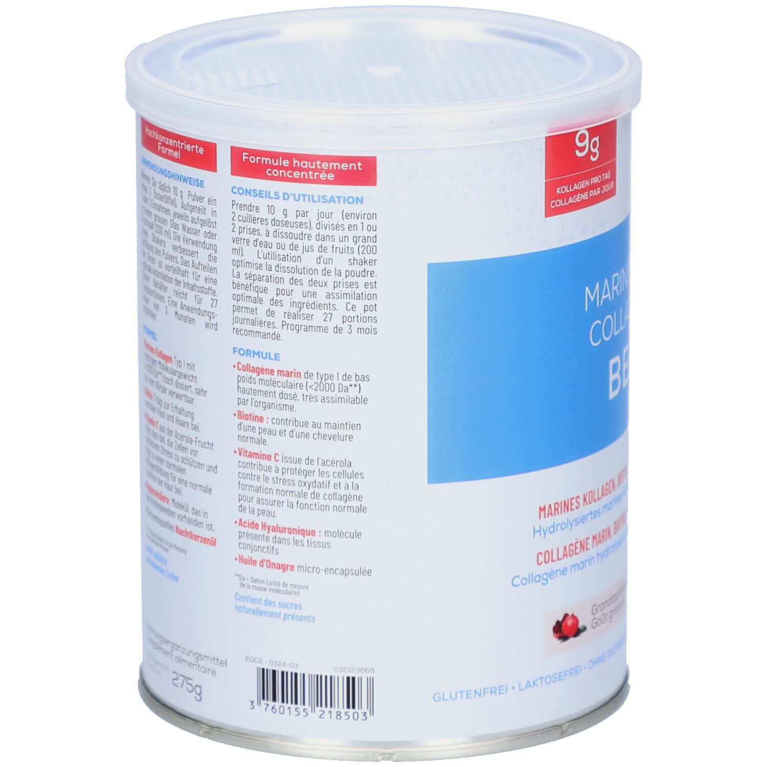 Boîte ronde, dos. Texte: Conseils d'utilisation, ingrédients, formule. 275g. Sans gluten, sans lactose. Logo Granions.