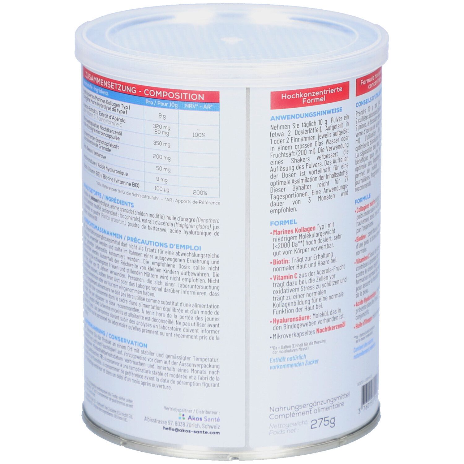 Boîte ronde, en biais. Texte: Composition, conseils d'utilisation, ingrédients. 275g. Logo Granions. Sans sucre ajouté.