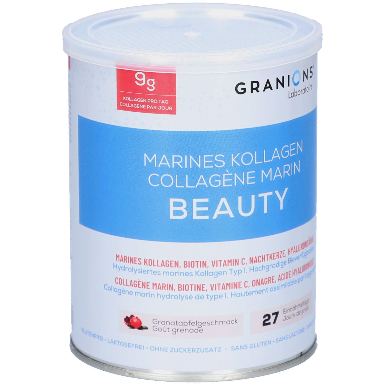 Boîte ronde avec couvercle. Étiquette bleu et blanc avec texte: Marines Kollagen Beauty. Logo Granions. 9g de collagène par jour.