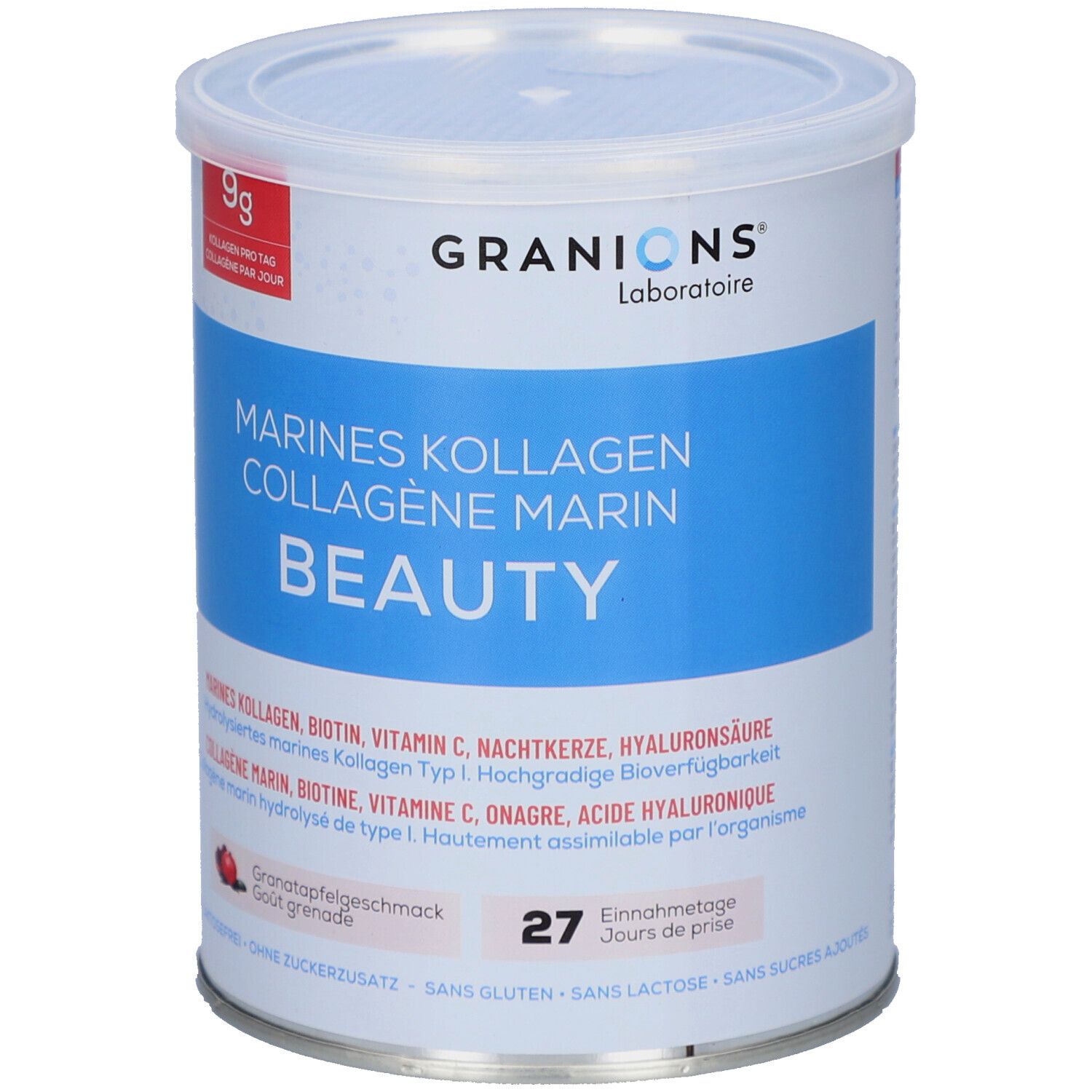 Boîte ronde avec couvercle. Étiquette bleu et blanc avec texte: Marines Kollagen Beauty. Logo Granions. 9g de collagène par jour.