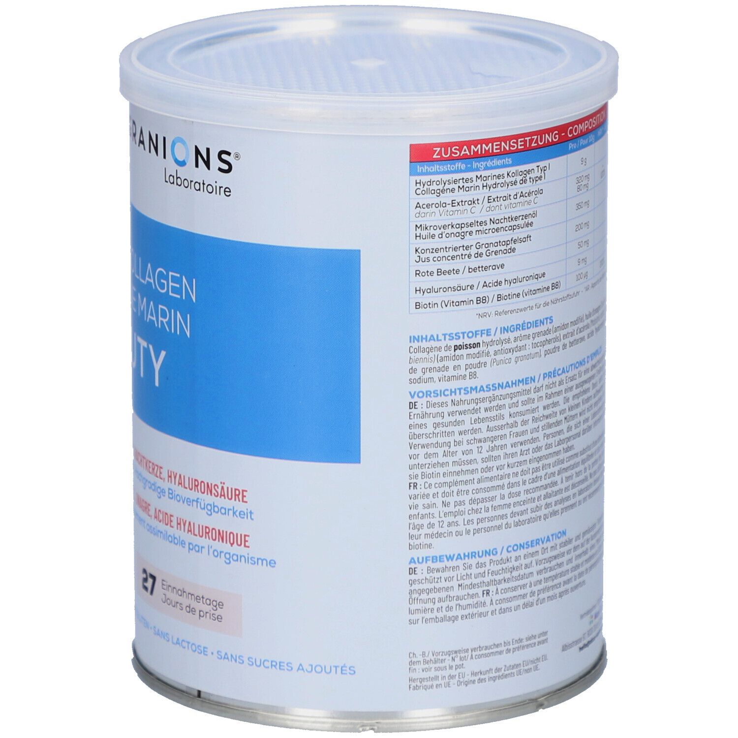 Boîte ronde, dos. Texte: Composition, ingrédients, précautions. 27 jours de prise. Logo Granions.