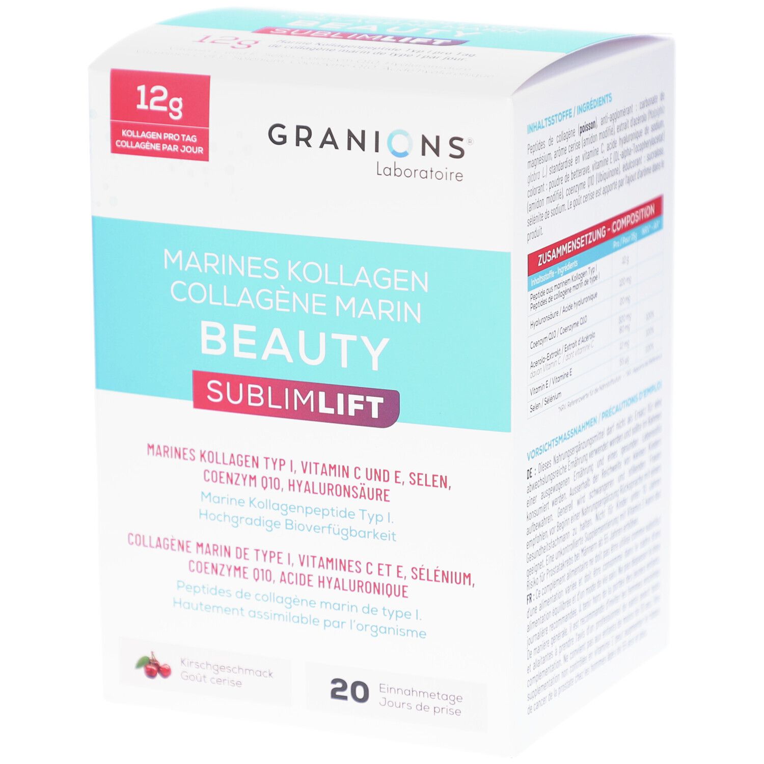 Weiße Schachtel mit Produktinformationen. Text: GRANIONS, Marines Kollagen Beauty, 12g Kollagen pro Tag. Kirschgeschmack. 20 Einnahmetage.