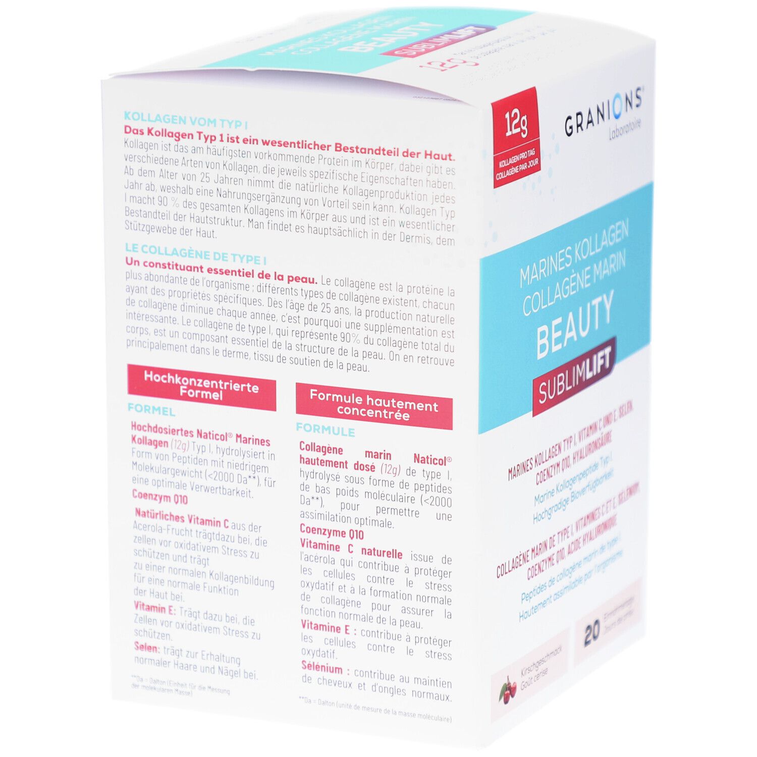 Weiße Schachtel, Text: GRANIONS, Marines Kollagen Beauty. Informationen zu Inhaltsstoffen und Zusammensetzung. 12g Kollagen pro Tag.