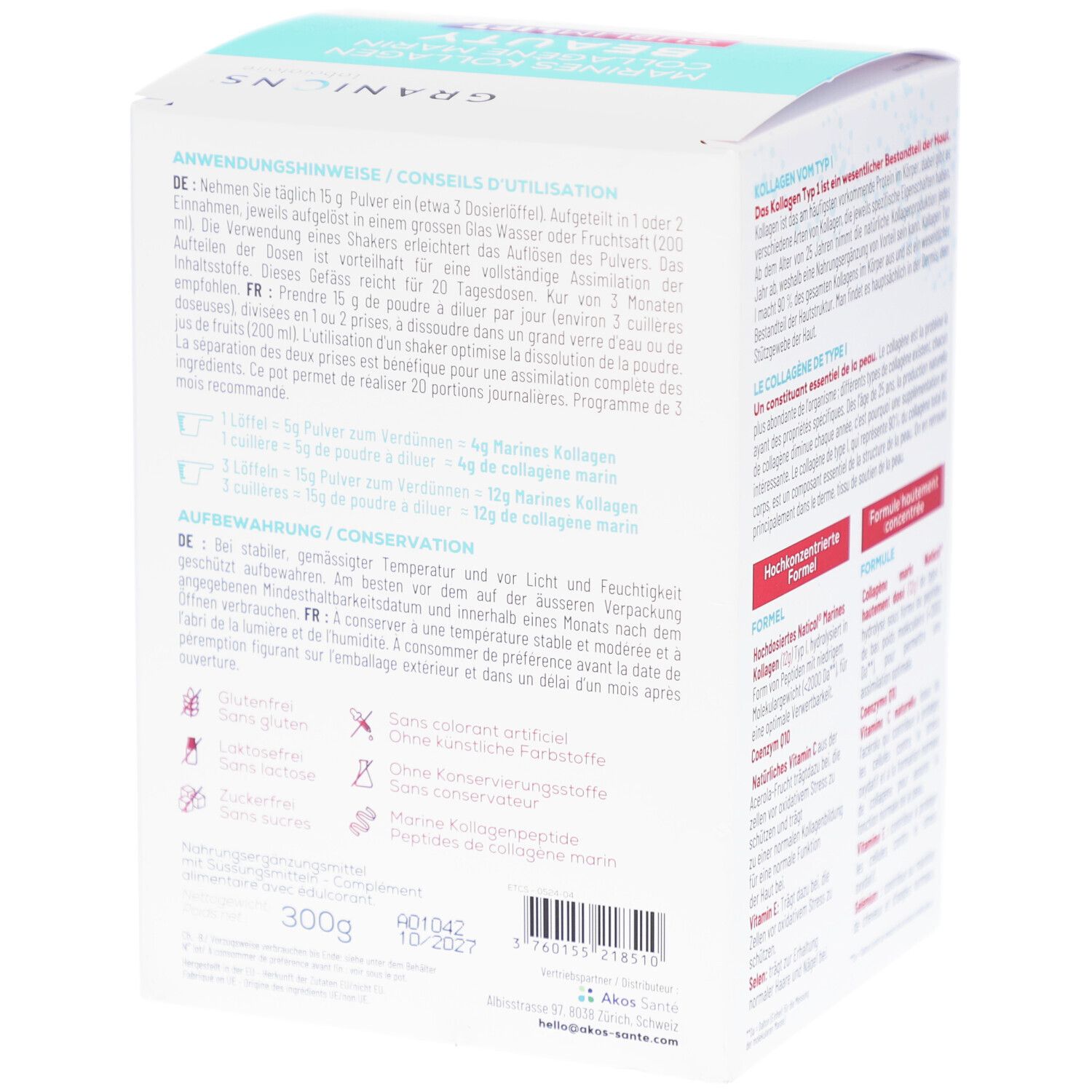 Weiße Schachtel, Rückseite mit Text. Text: GRANIONS, Marines Kollagen Beauty. Informationen zu Anwendung, Aufbewahrung und Inhaltsstoffen.