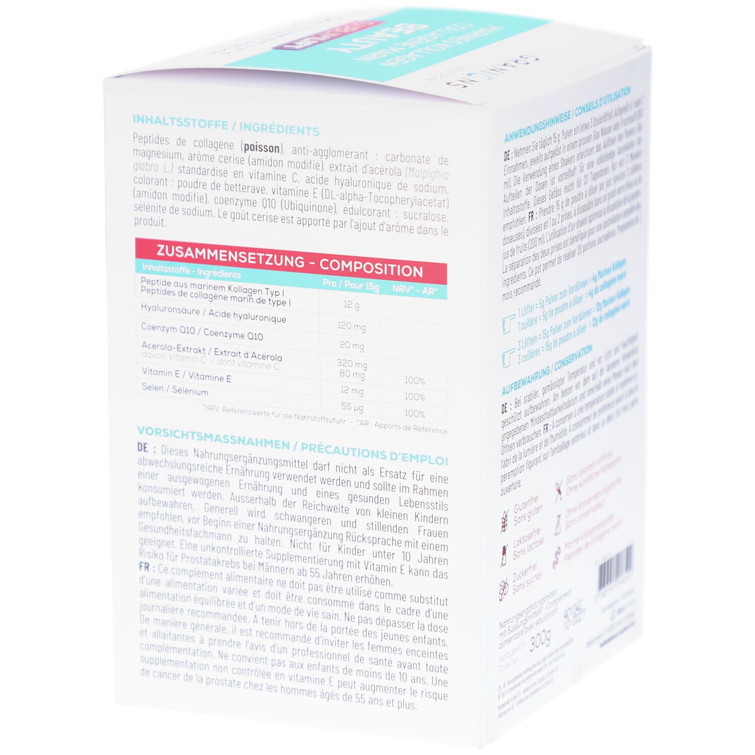 Weiße Schachtel, Rückseite mit Text. Text: GRANIONS, Marines Kollagen Beauty. Zusammensetzung, Vorsichtsmaßnahmen, Inhaltsstoffe.