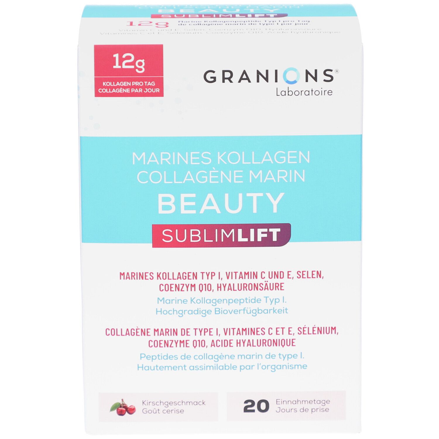 Weiße Schachtel mit Produktinformationen. Text: GRANIONS, Marines Kollagen Beauty, 12g Kollagen pro Tag. Kirschgeschmack. 20 Einnahmetage.