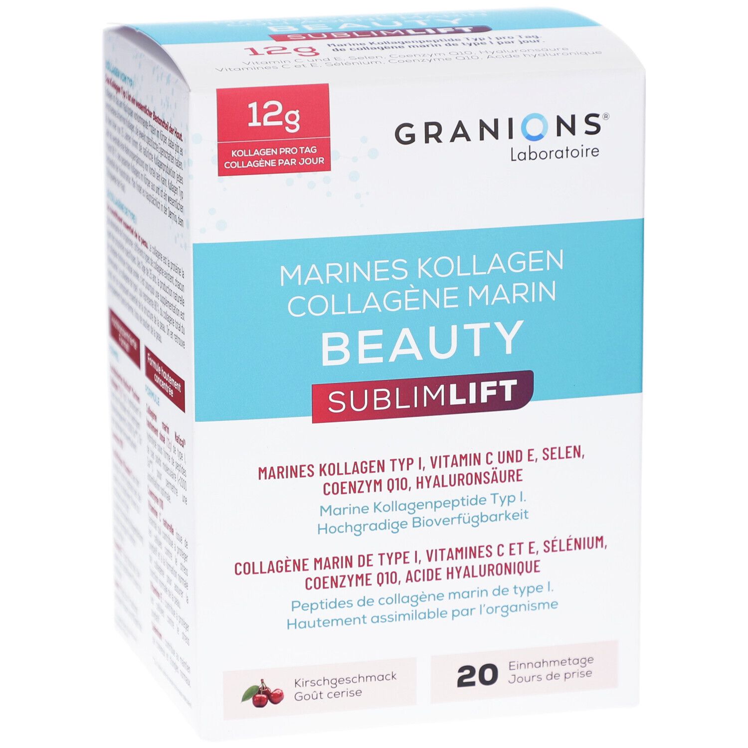 Weiße Schachtel mit Produktinformationen. Text: GRANIONS, Marines Kollagen Beauty, 12g Kollagen pro Tag. Kirschgeschmack. 20 Einnahmetage.