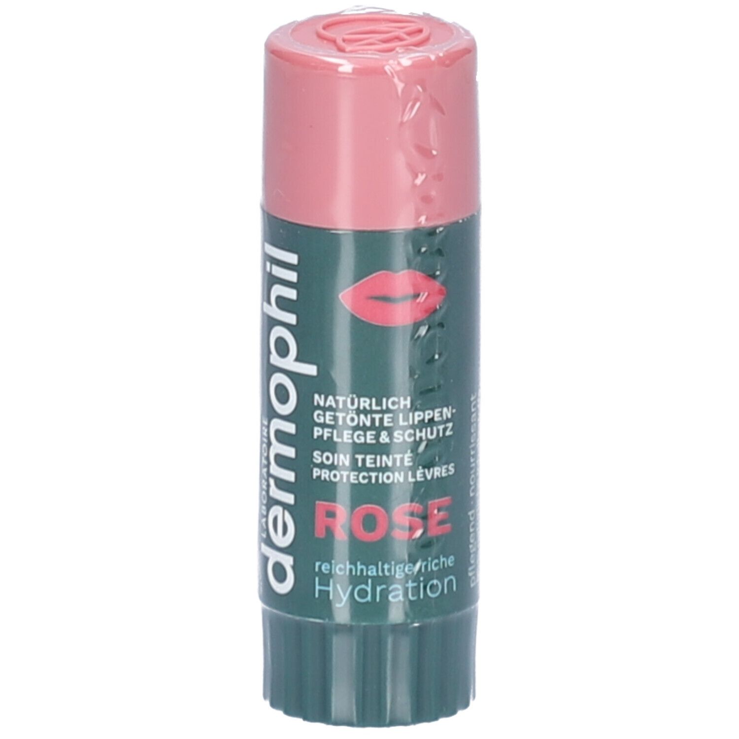 Lippenpflegestift mit rosafarbenem Deckel und grünem Etikett. Aufschrift: dermophil, Rose, Hydration. Abbildung von Lippen.