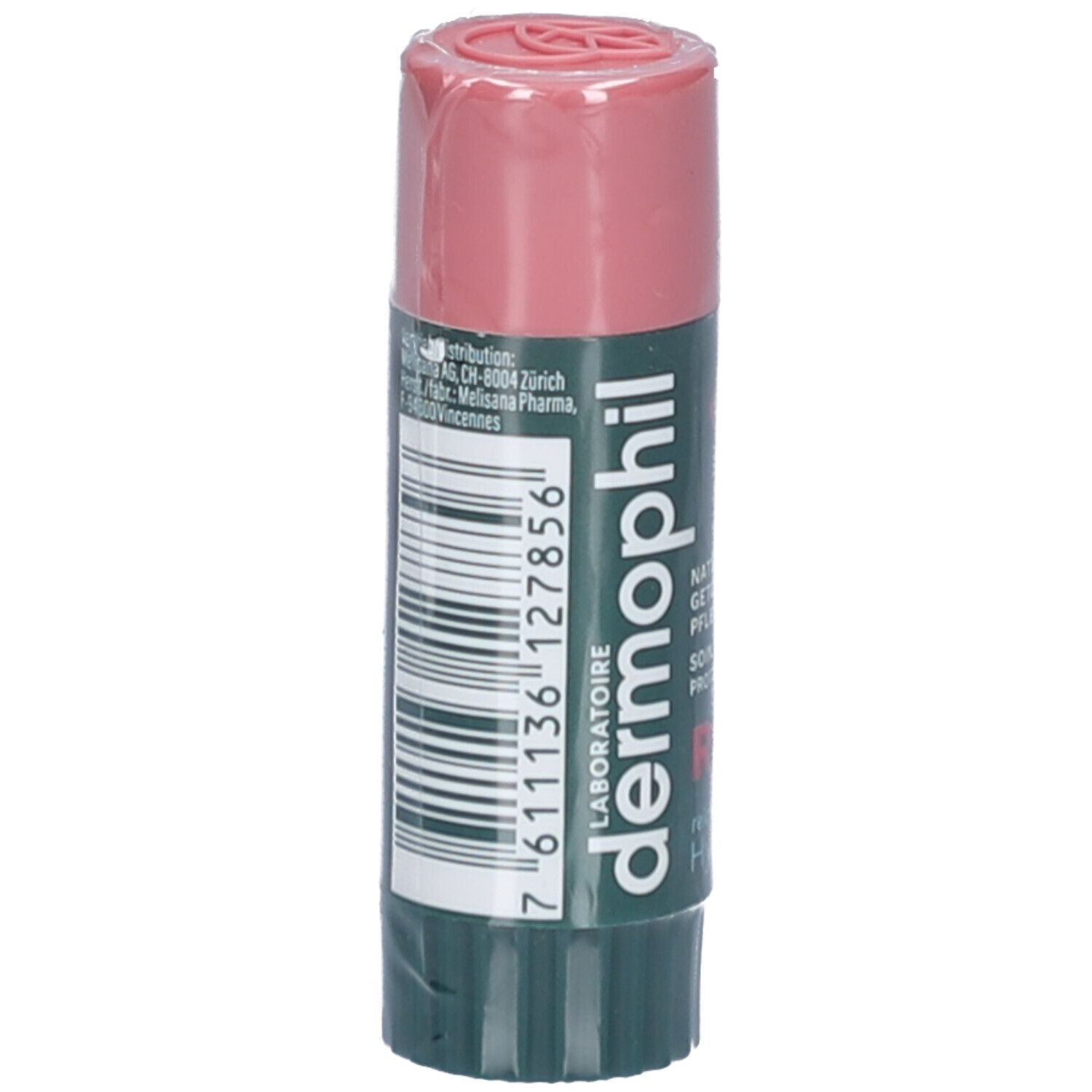Lippenpflegestift mit rosafarbenem Deckel und grünem Etikett. Aufschrift: dermophil. Rückseite mit Text und Barcode.