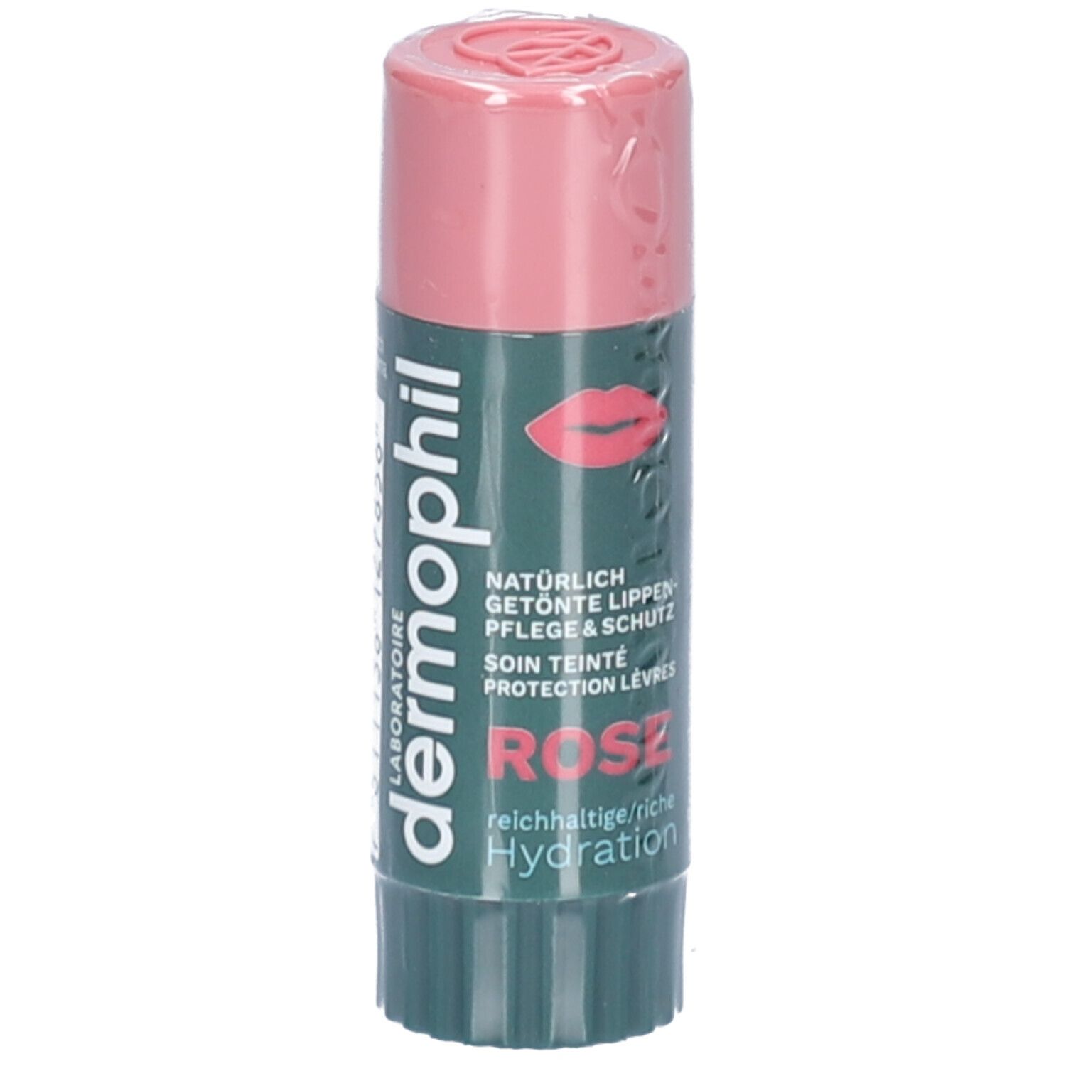 Lippenpflegestift mit rosafarbenem Deckel und grünem Etikett. Aufschrift: dermophil, Rose, Hydration. Abbildung von Lippen.